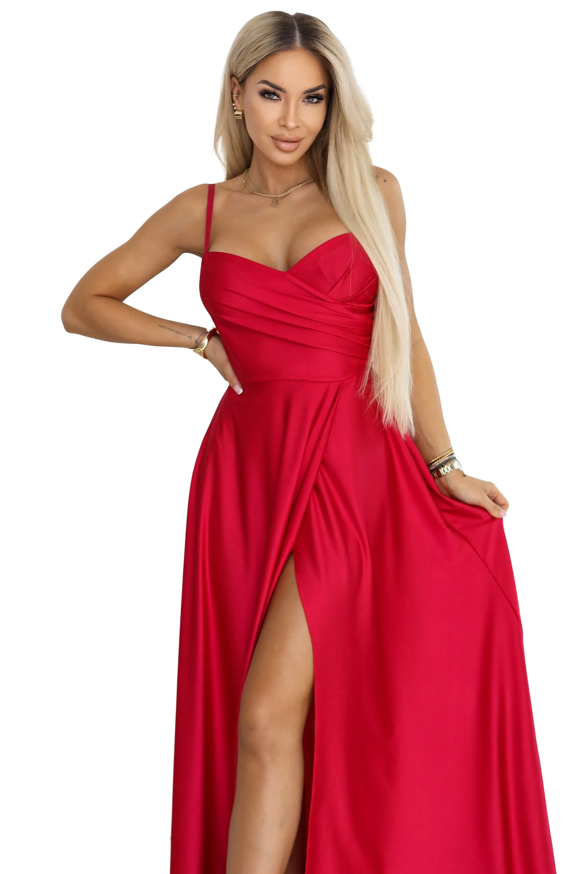 646-3 Long evening dress with straps and leg slit - red