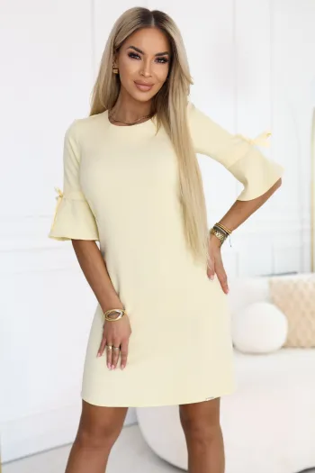  217-12 NEVA Feminine Trapeze Dress with Sleeve Ties - Pastel Yellow 
