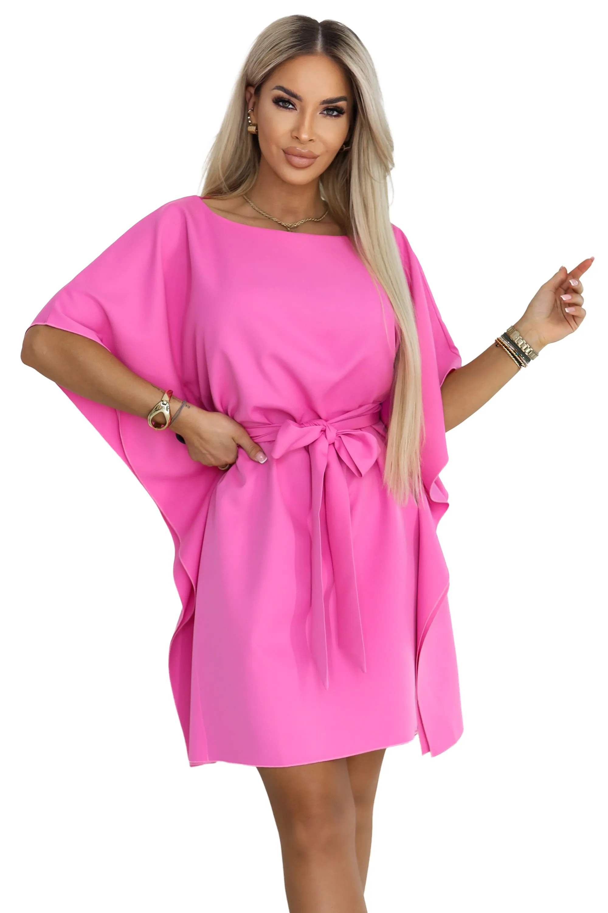 287-42 SOFIA Pink Butterfly Dress with Waist Tie - Light Fuchsia hot pink