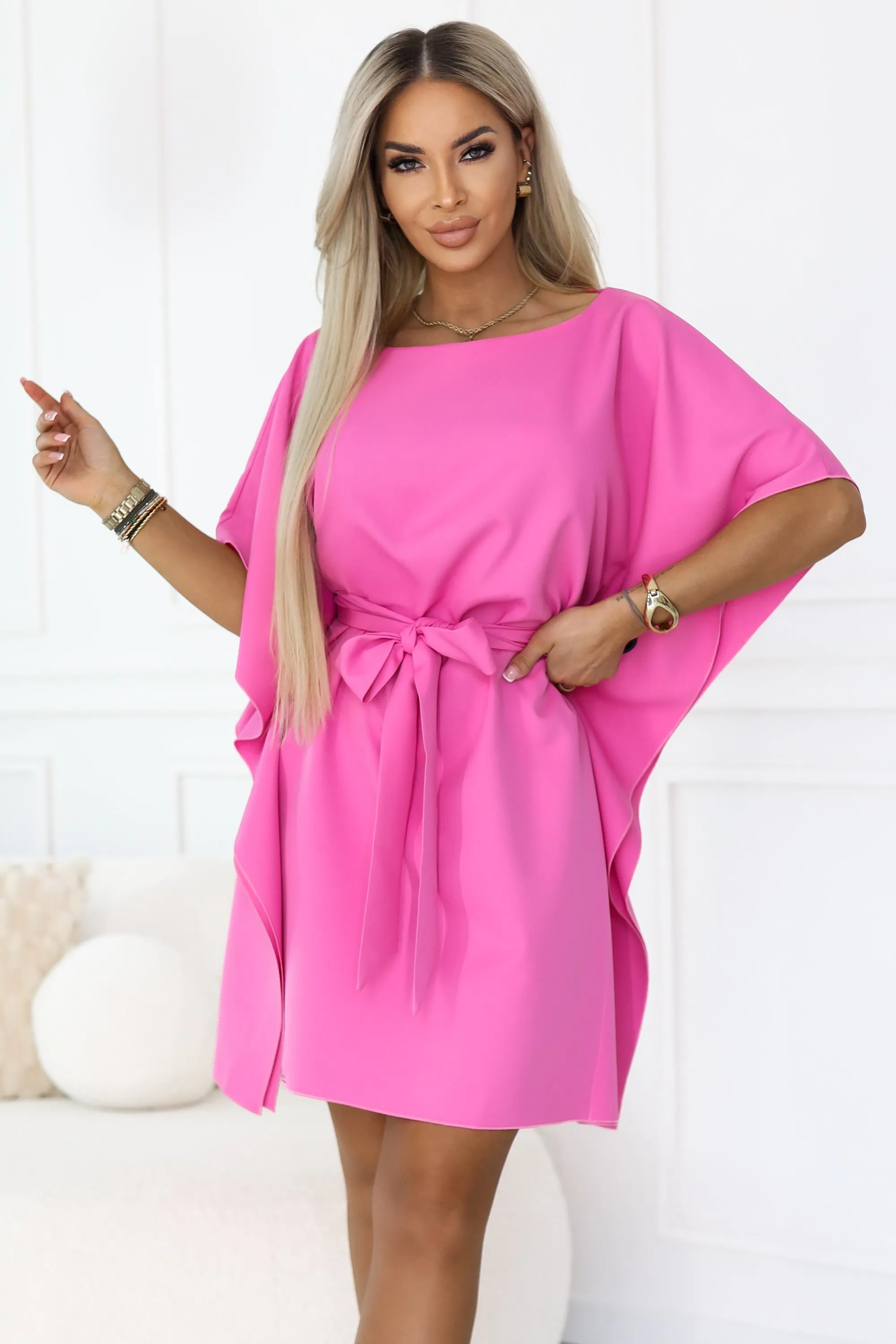 287-42 SOFIA Pink Butterfly Dress with Waist Tie - Light Fuchsia hot pink