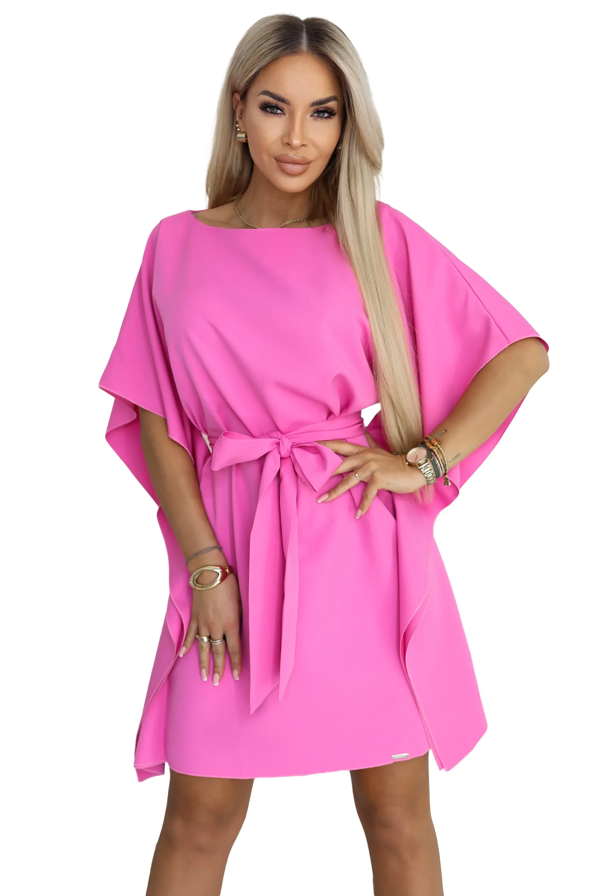 287-42 SOFIA Pink Butterfly Dress with Waist Tie - Light Fuchsia hot pink
