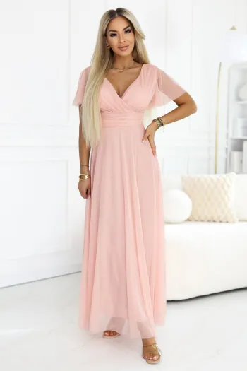  635-7 MELANIA Long Shimmering Dress with Neckline and Short Sleeve - Peach 