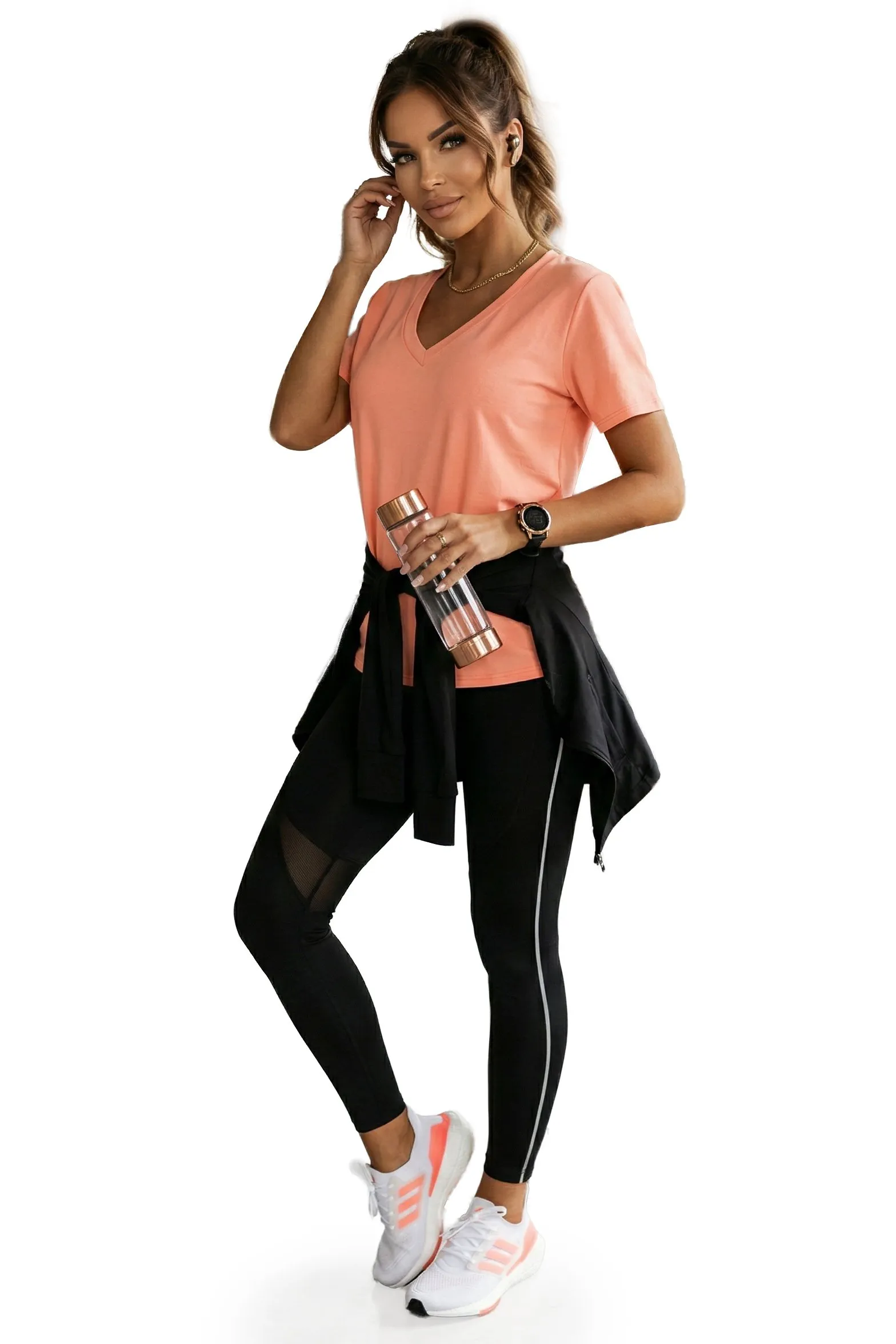 665-2 Cotton women's top with V-neckline and short sleeve - coral