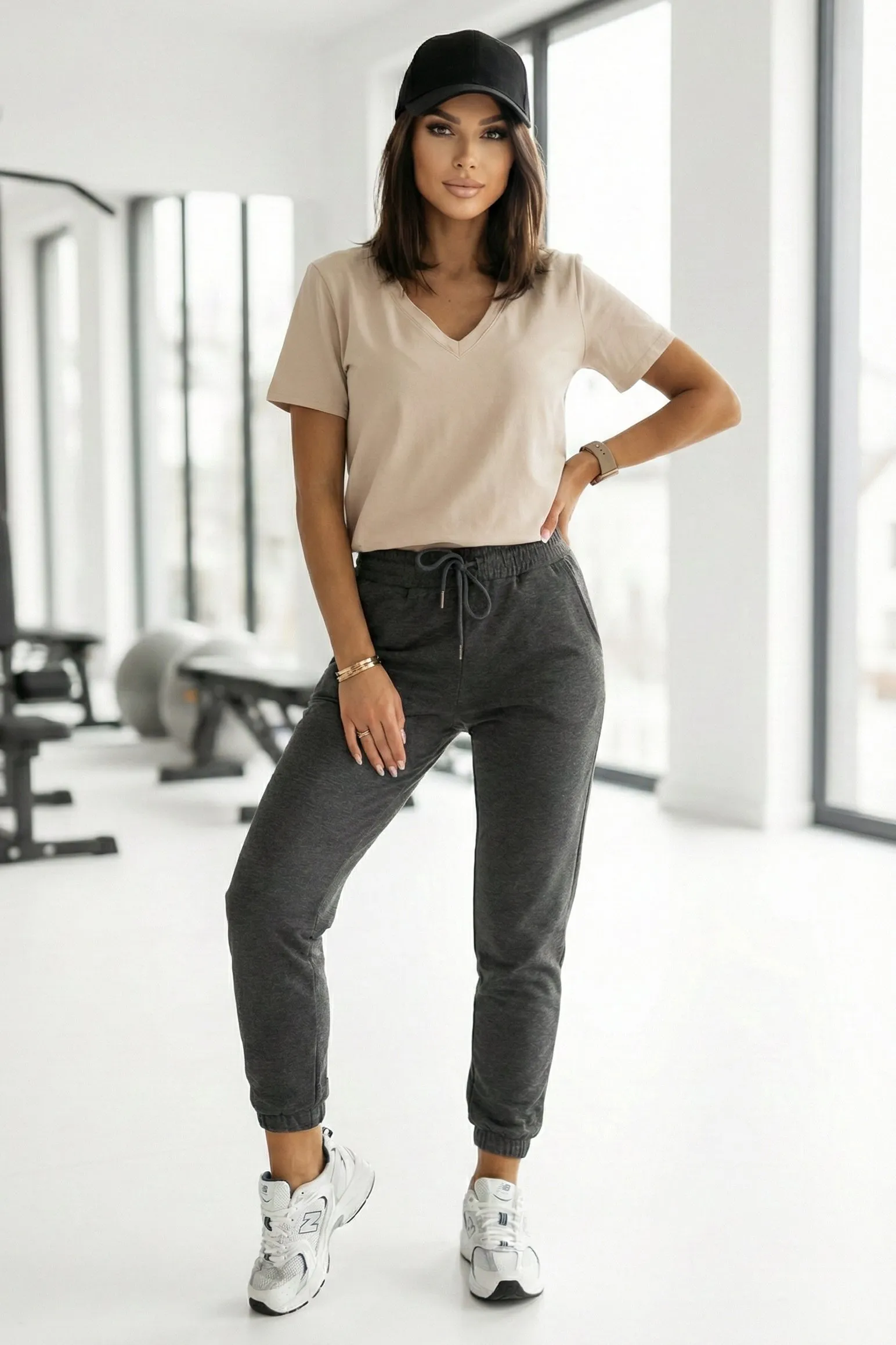 665-3 Cotton women's top with V-neckline and short sleeve - beige