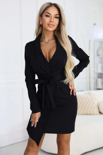  670-1 Elegant Blazer Dress with Belt and Asymmetric Hem - Black 