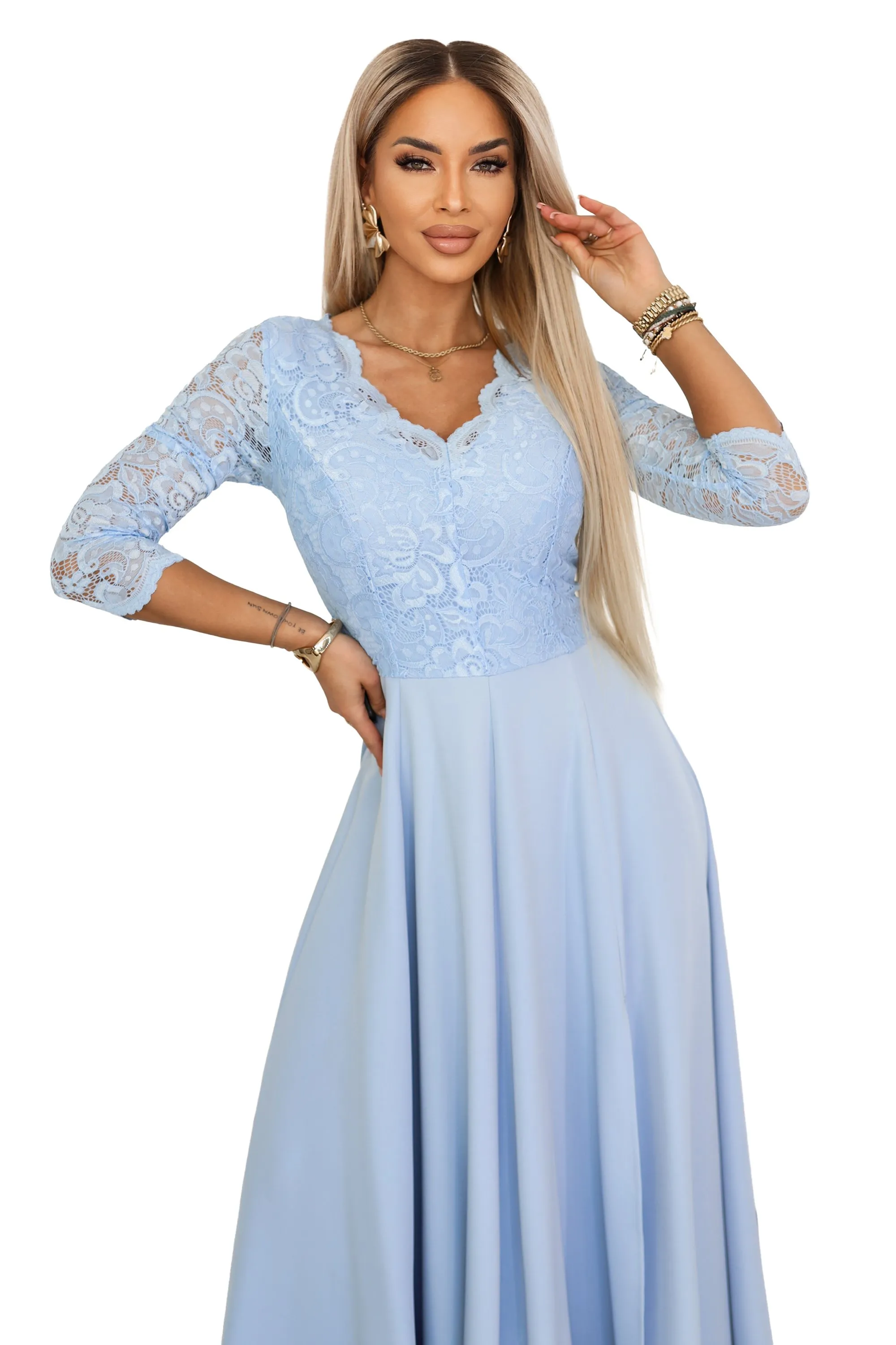 309-15 AMBER Elegant Long Lace Gown with Neckline - Sky Blue
