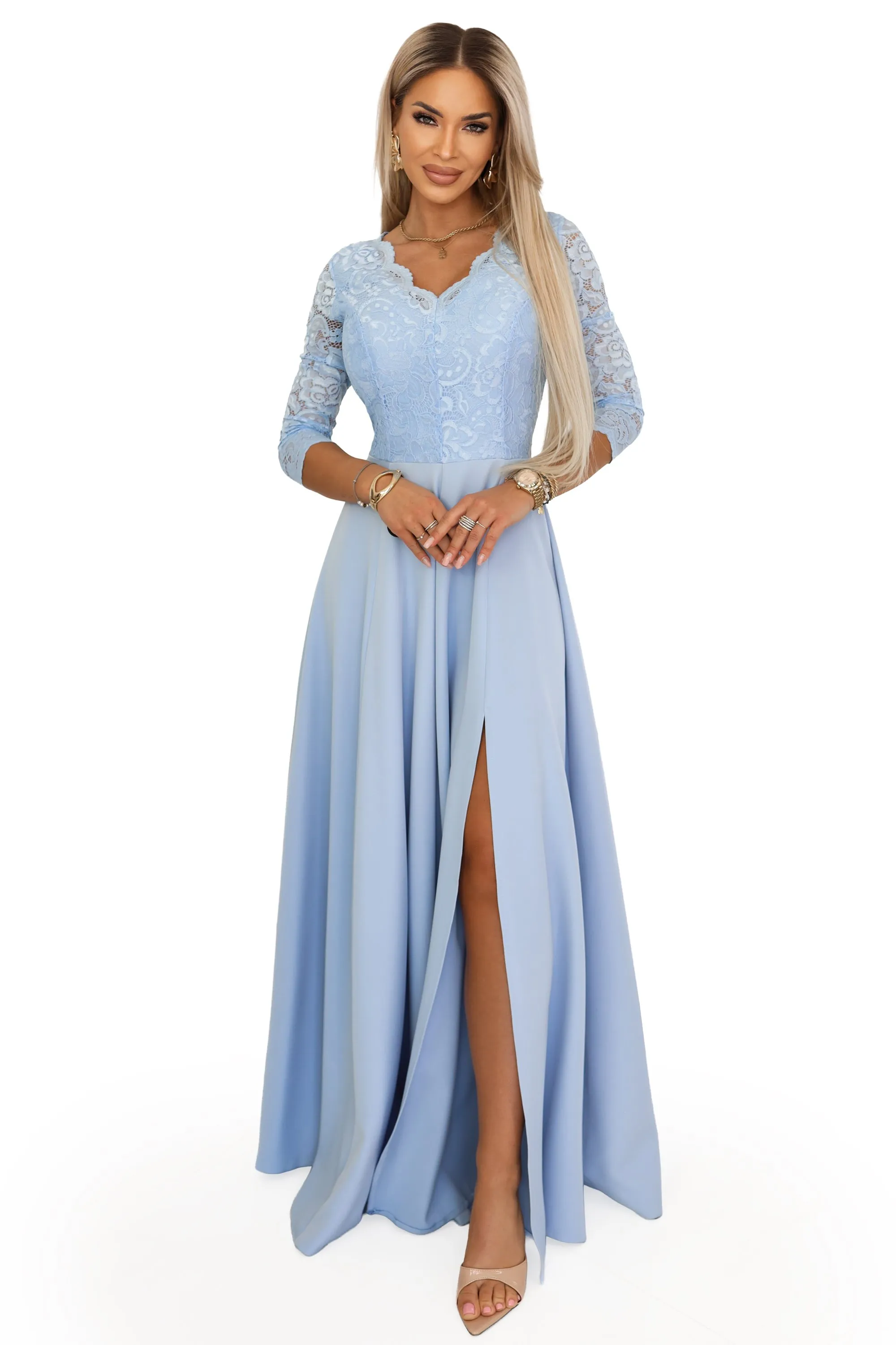 309-15 AMBER Elegant Long Lace Gown with Neckline - Sky Blue