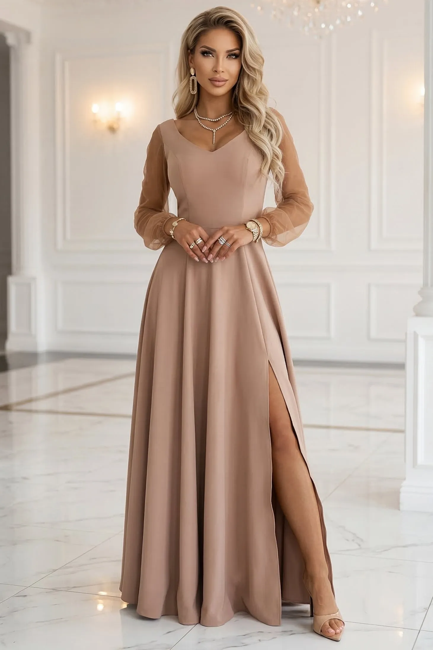 640-4 LORETTA Unique Long Dress with Tulle Sleeves and Neckline - Beige