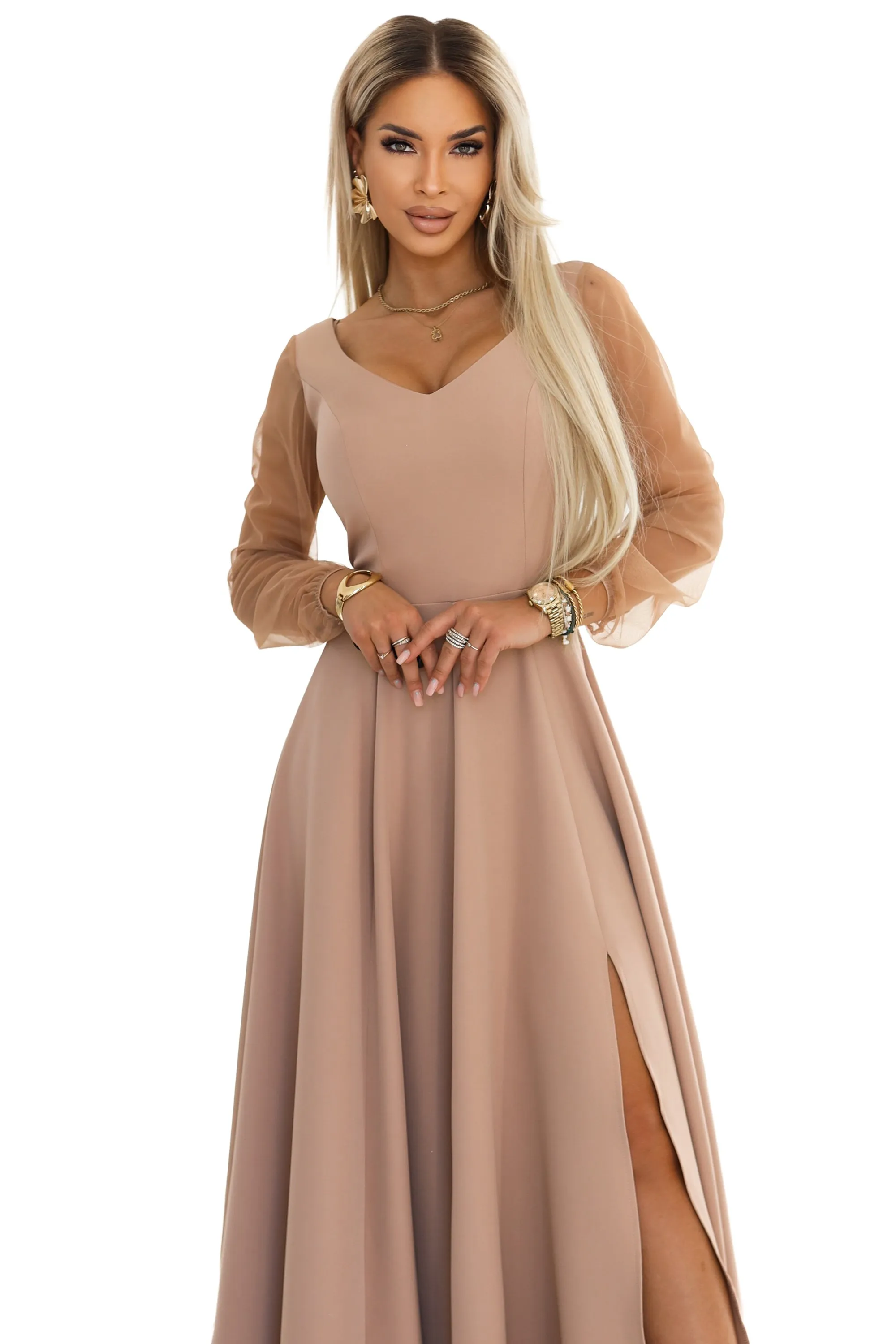 640-4 LORETTA Unique Long Dress with Tulle Sleeves and Neckline - Beige