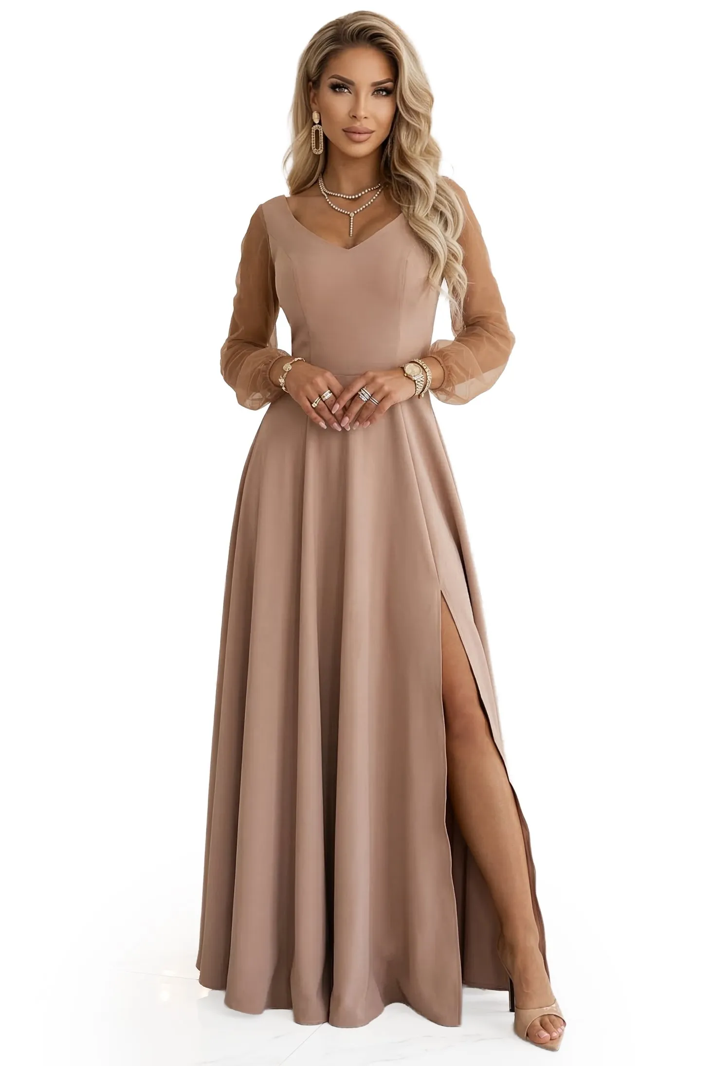 640-4 LORETTA Unique Long Dress with Tulle Sleeves and Neckline - Beige