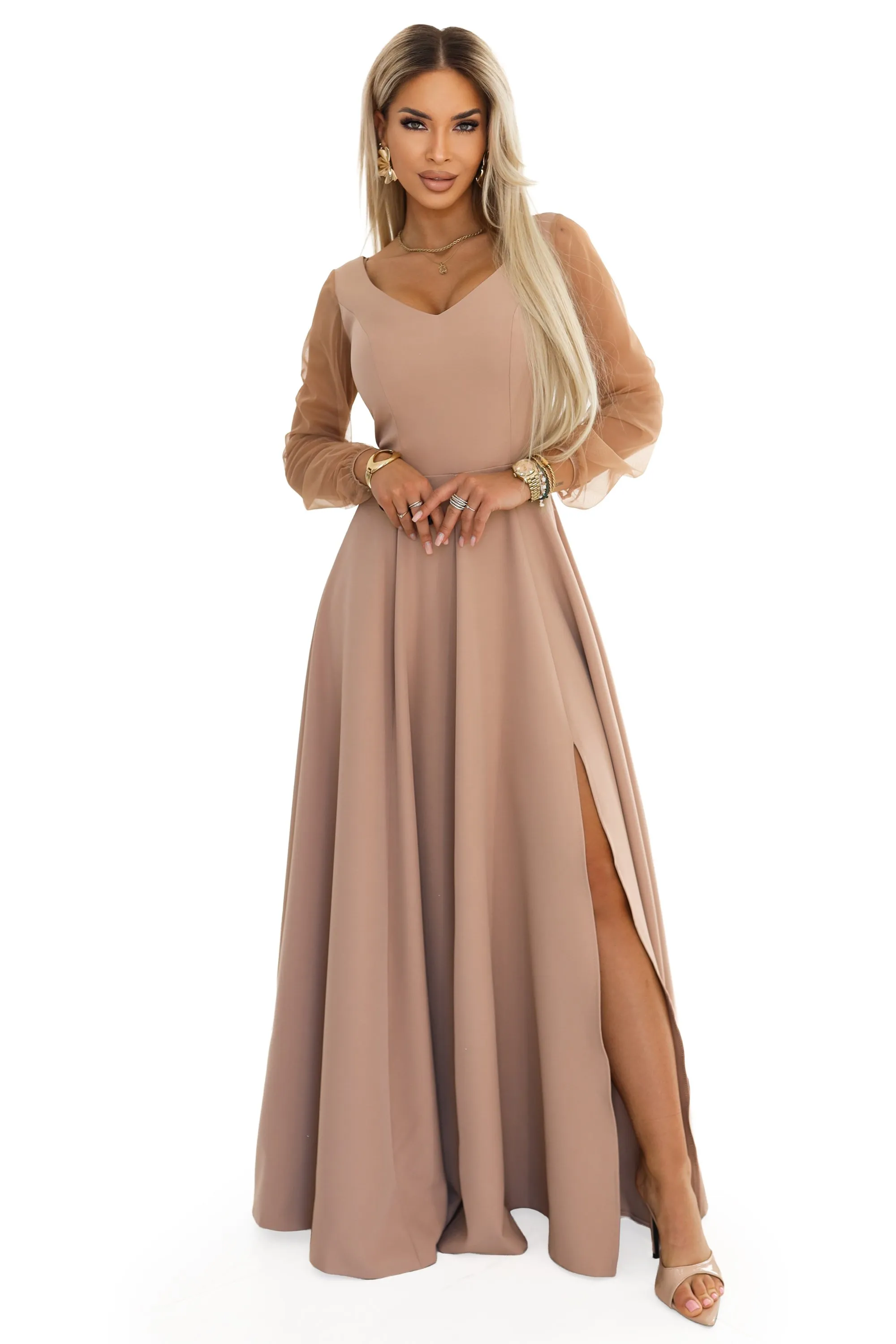 640-4 LORETTA Unique Long Dress with Tulle Sleeves and Neckline - Beige