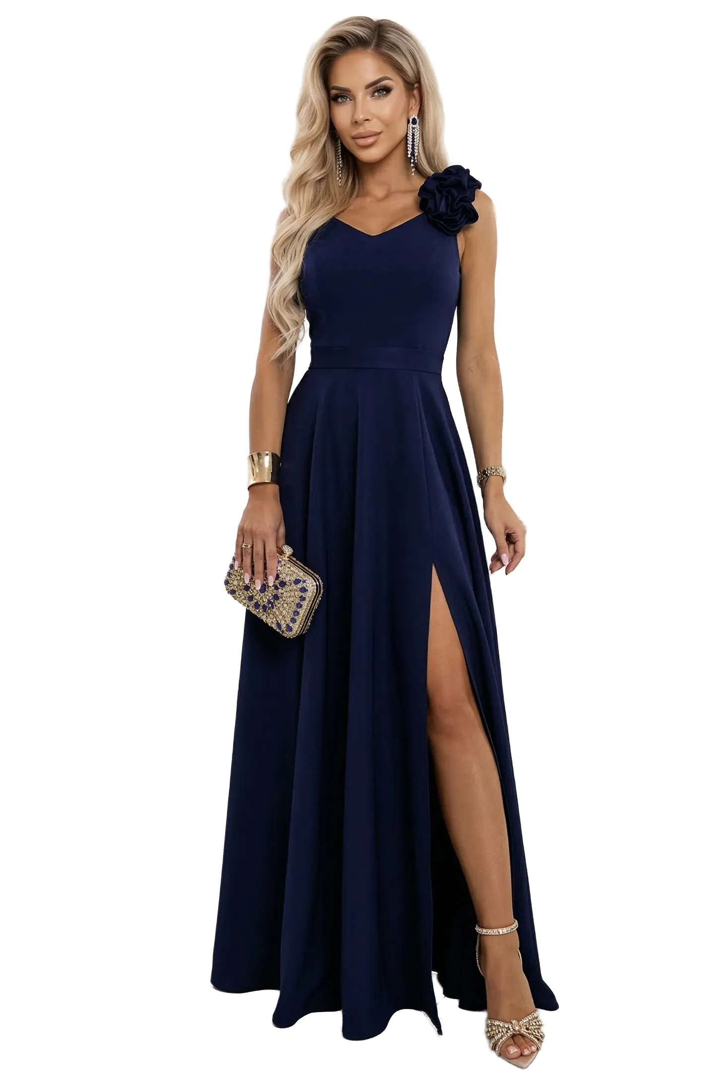 643-4 Elegant Evening Maxi Gown with Slit and Roses - Navy Blue