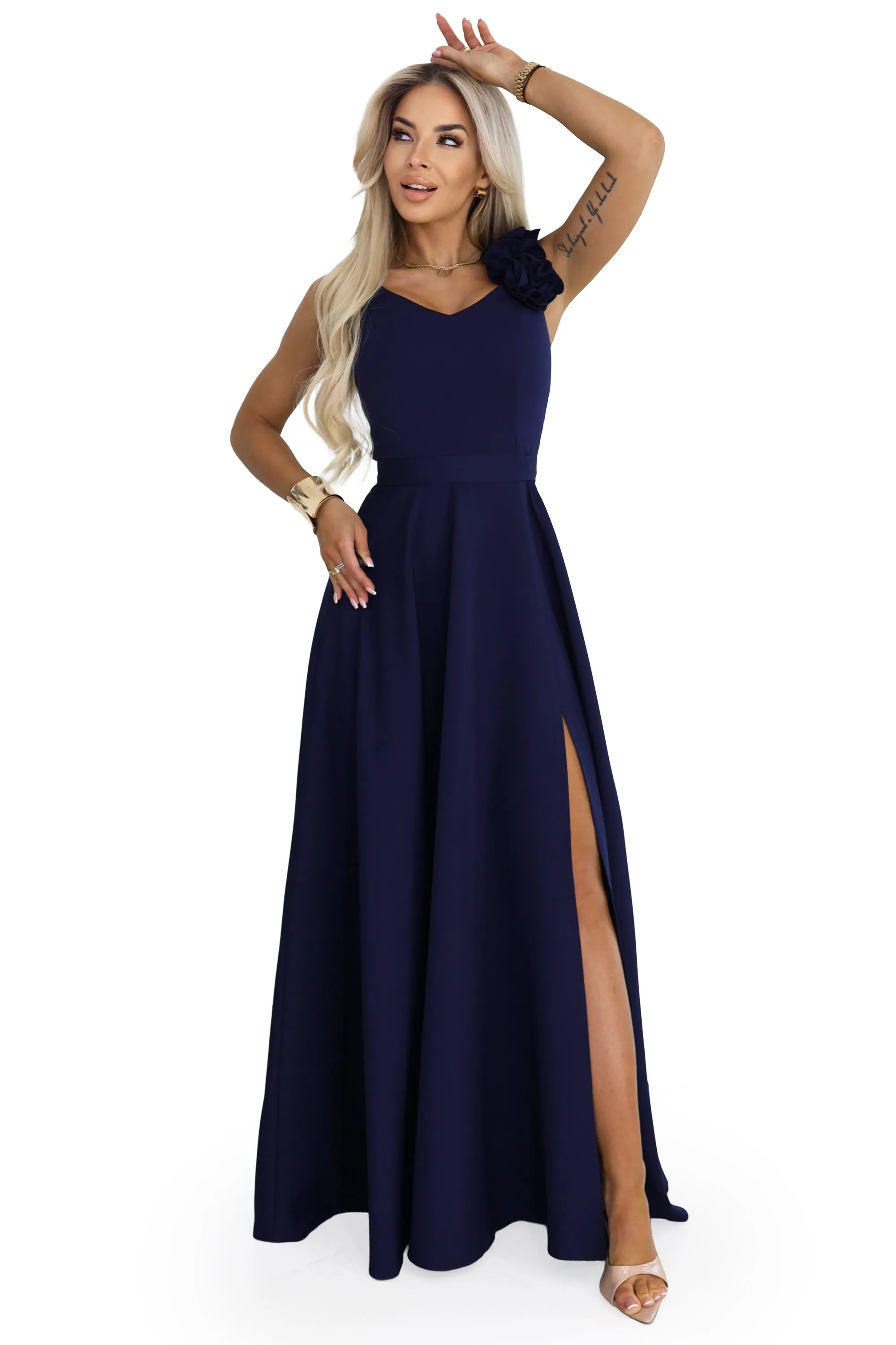 643-4 Elegant Evening Maxi Gown with Slit and Roses - Navy Blue