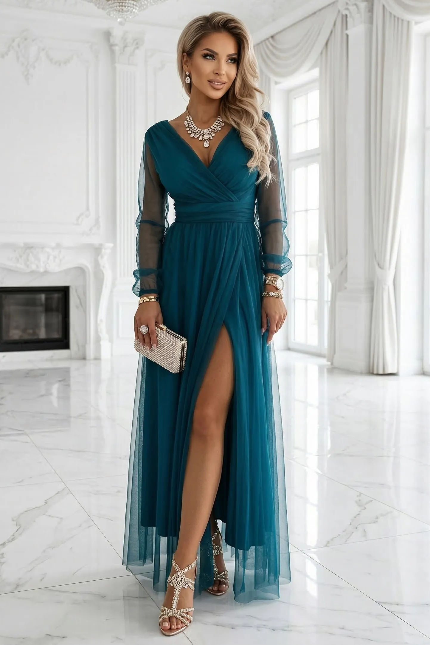 664-2 Long Maxi Dress with Tulle Sleeves and Wrap Neckline - Bottle Green