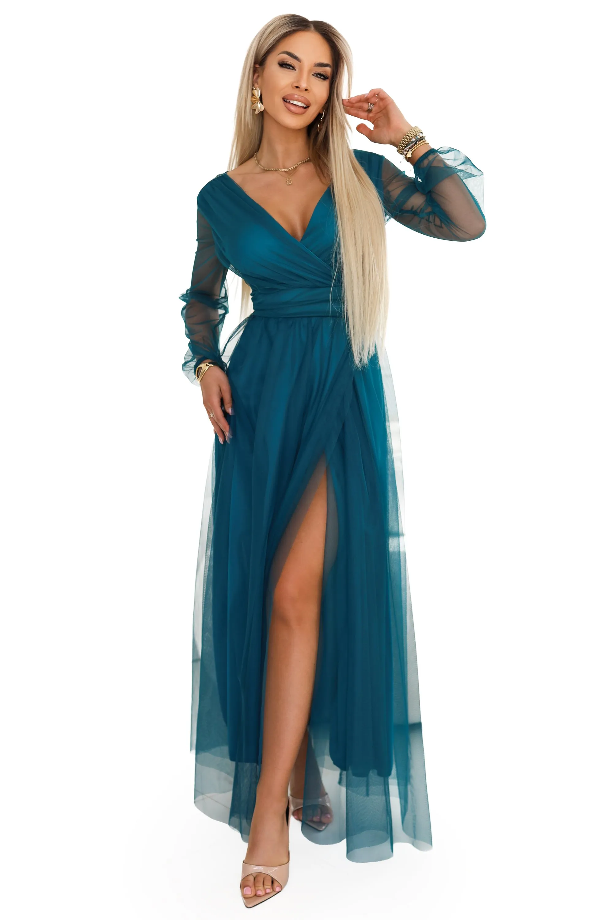 664-2 Long Maxi Dress with Tulle Sleeves and Wrap Neckline - Bottle Green