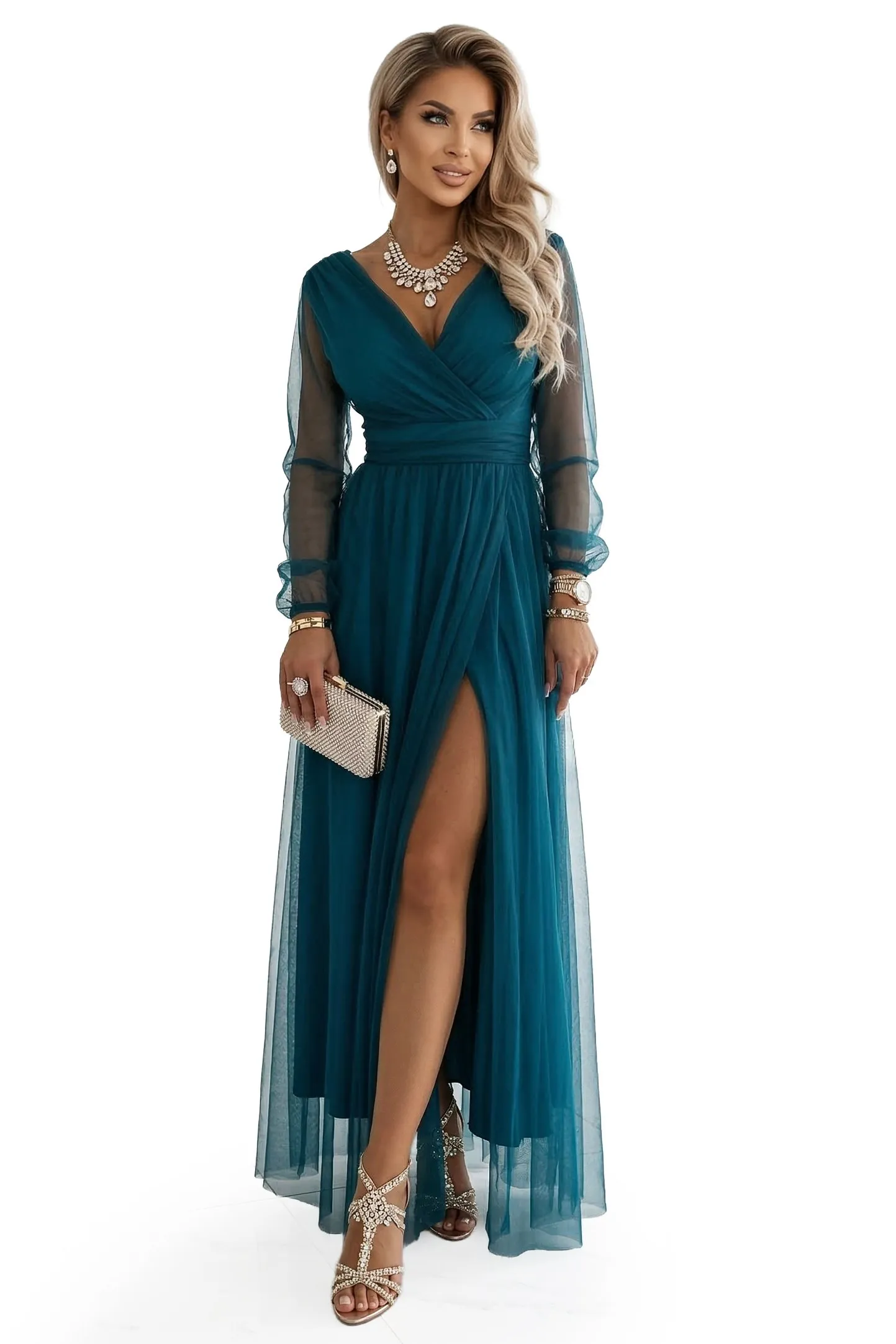 664-2 Long Maxi Dress with Tulle Sleeves and Wrap Neckline - Bottle Green
