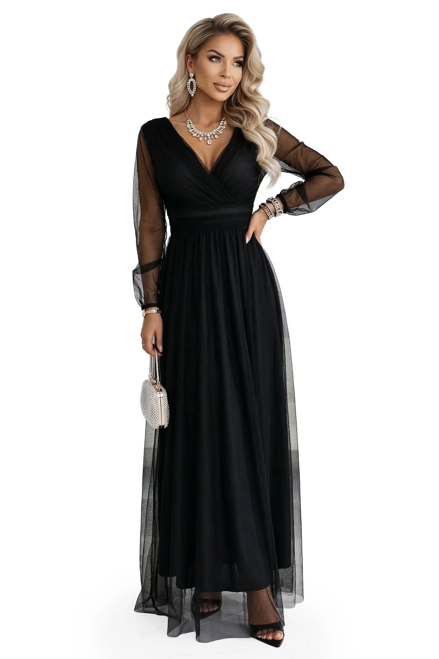 664-3 Long Maxi Dress with Tulle Sleeves and Wrap Neckline - Black