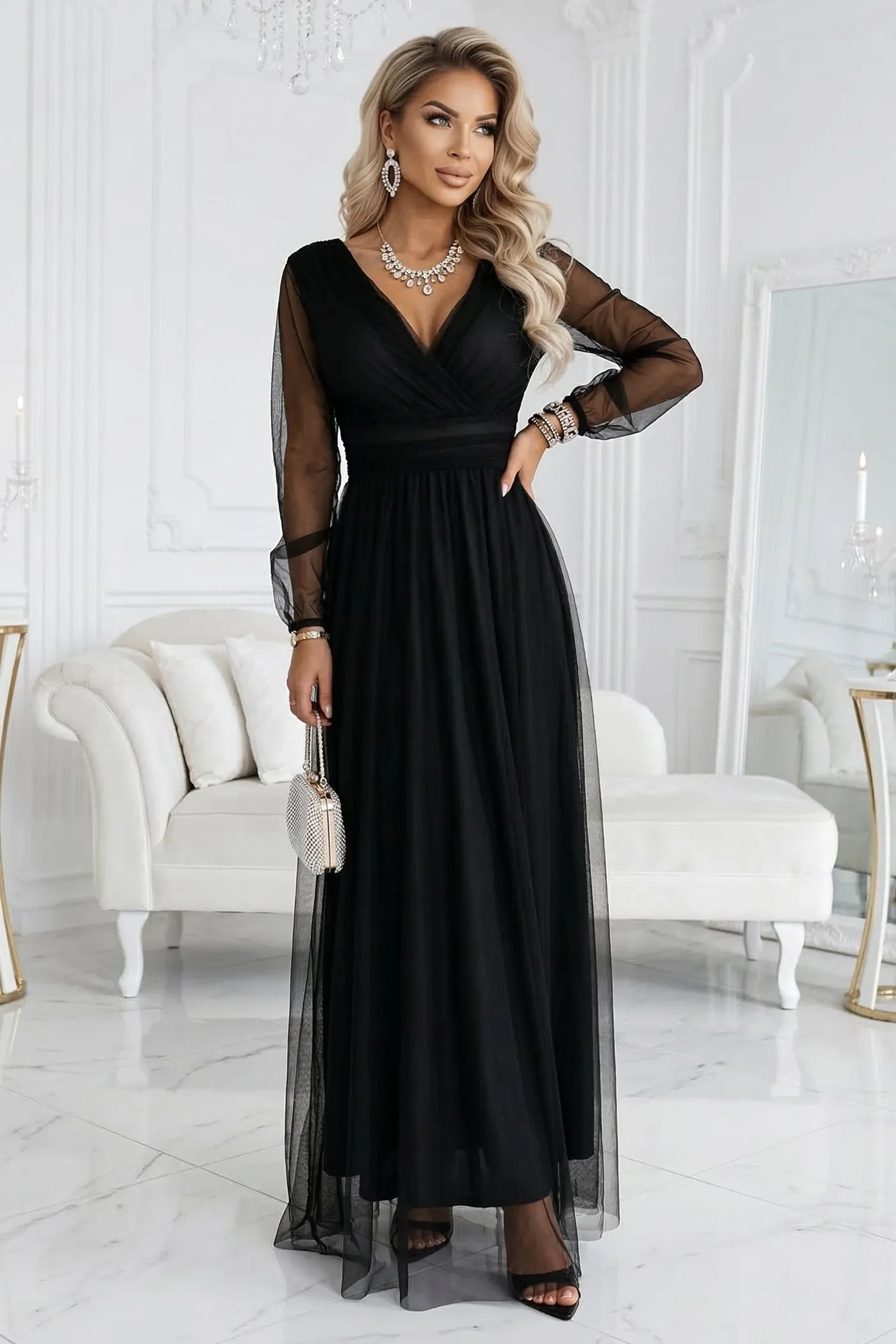 664-3 Long Maxi Dress with Tulle Sleeves and Wrap Neckline - Black