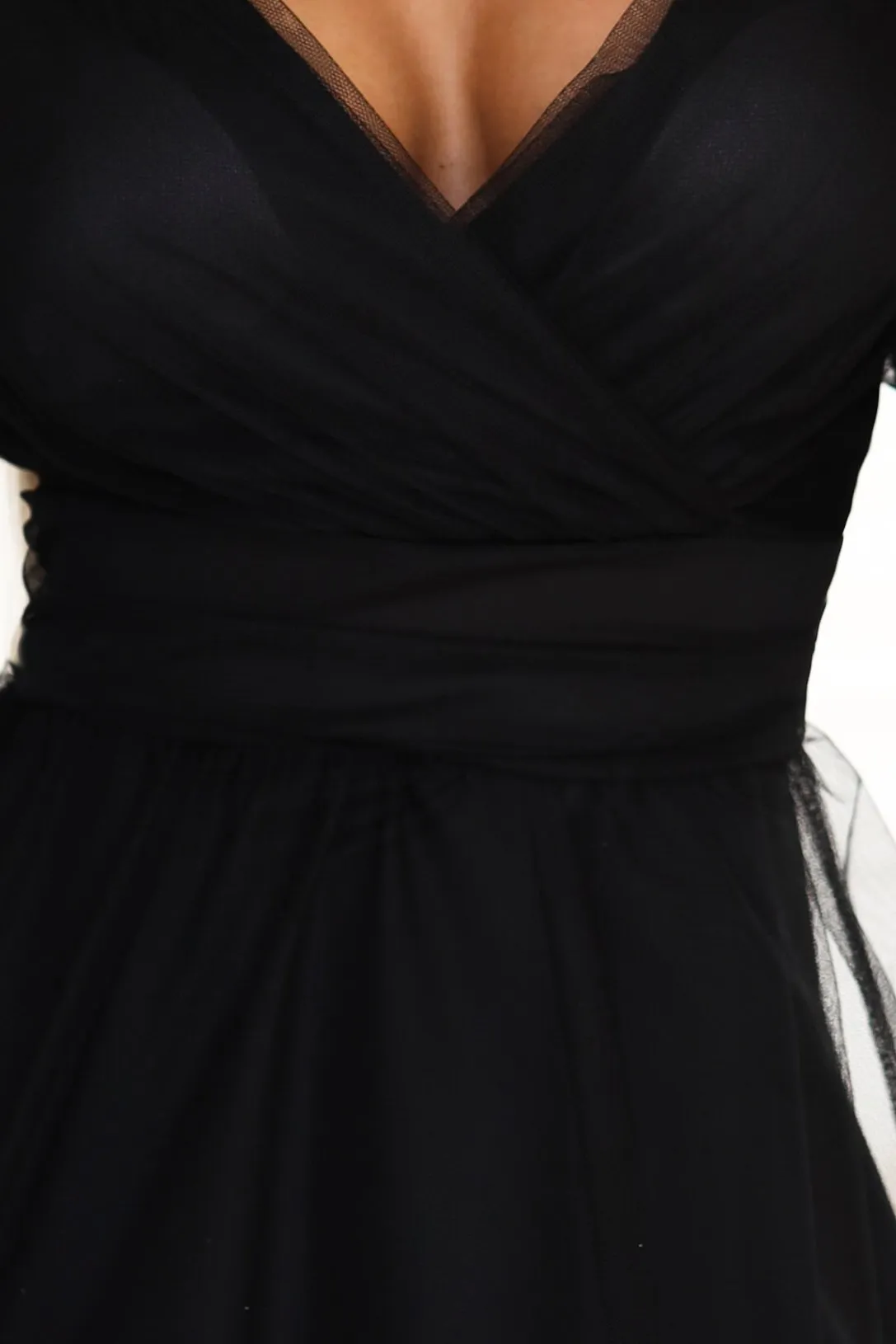 664-3 Long Maxi Dress with Tulle Sleeves and Wrap Neckline - Black