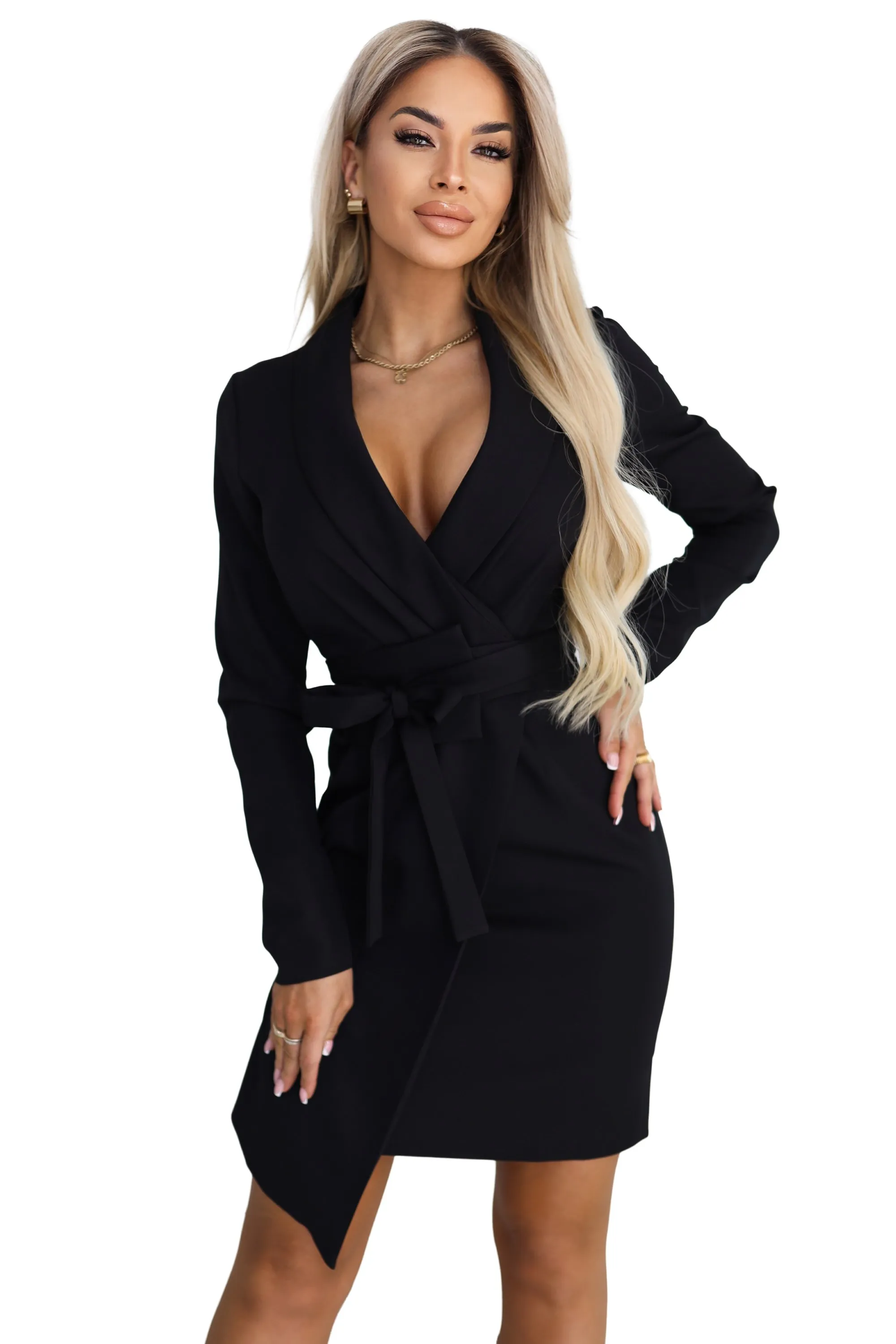 670-1 Elegant Blazer Dress with Belt and Asymmetric Hem - Black