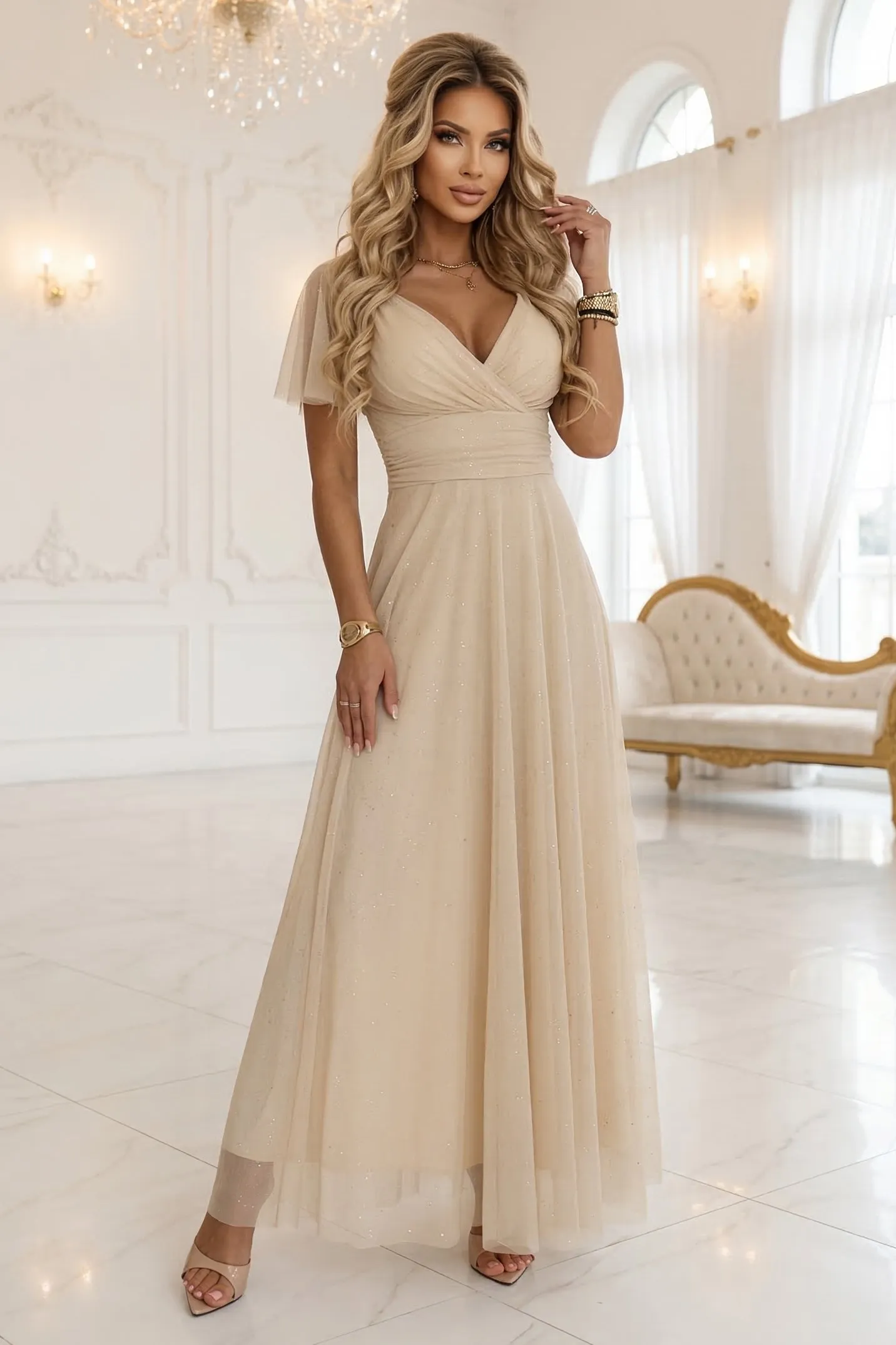635-9 MELANIA Long Shimmering Wedding Dress with Neckline and Short Sleeve - Beige