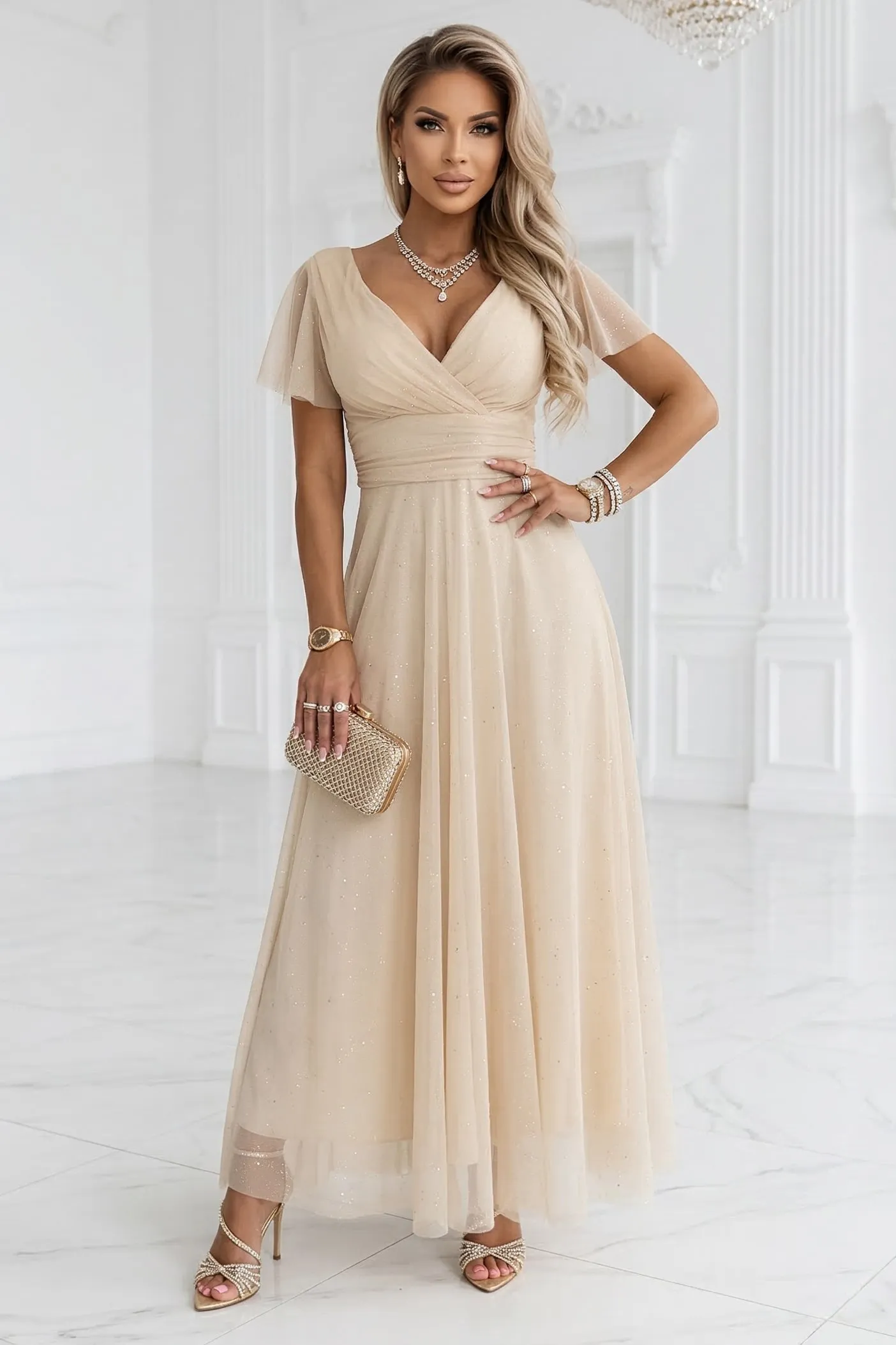 635-9 MELANIA Long Shimmering Wedding Dress with Neckline and Short Sleeve - Beige