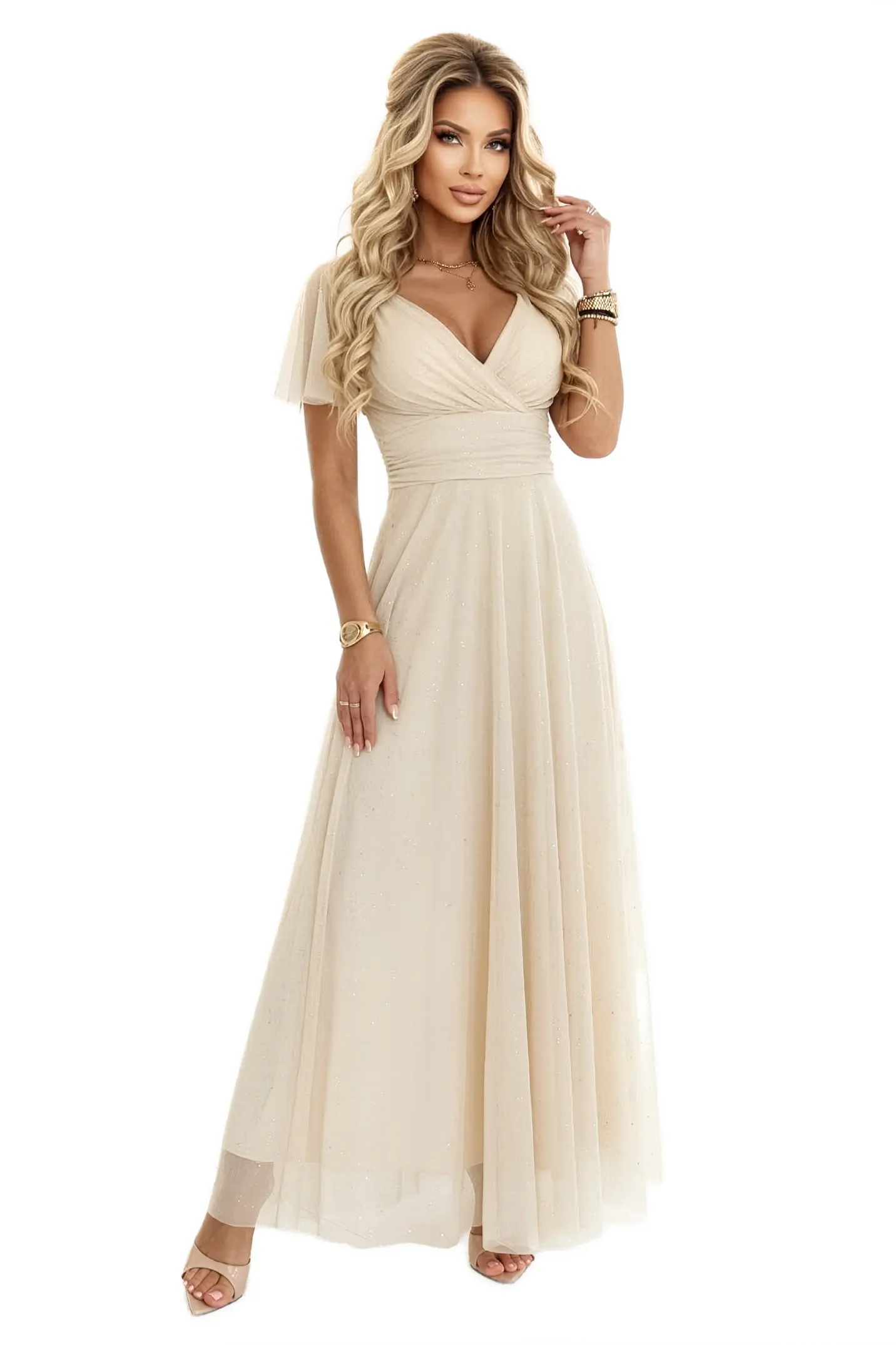 635-9 MELANIA Long Shimmering Wedding Dress with Neckline and Short Sleeve - Beige