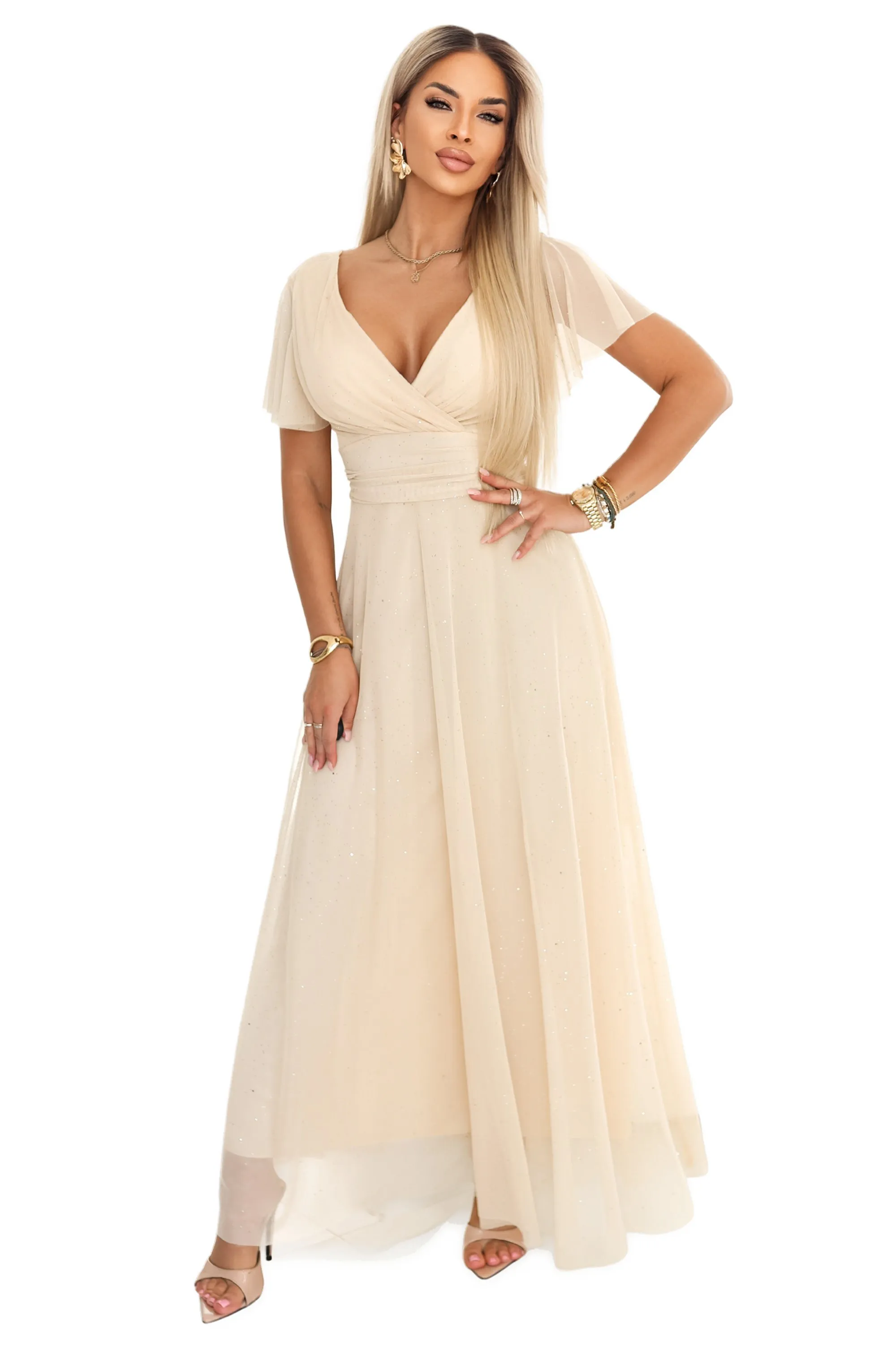 635-9 MELANIA Long Shimmering Wedding Dress with Neckline and Short Sleeve - Beige