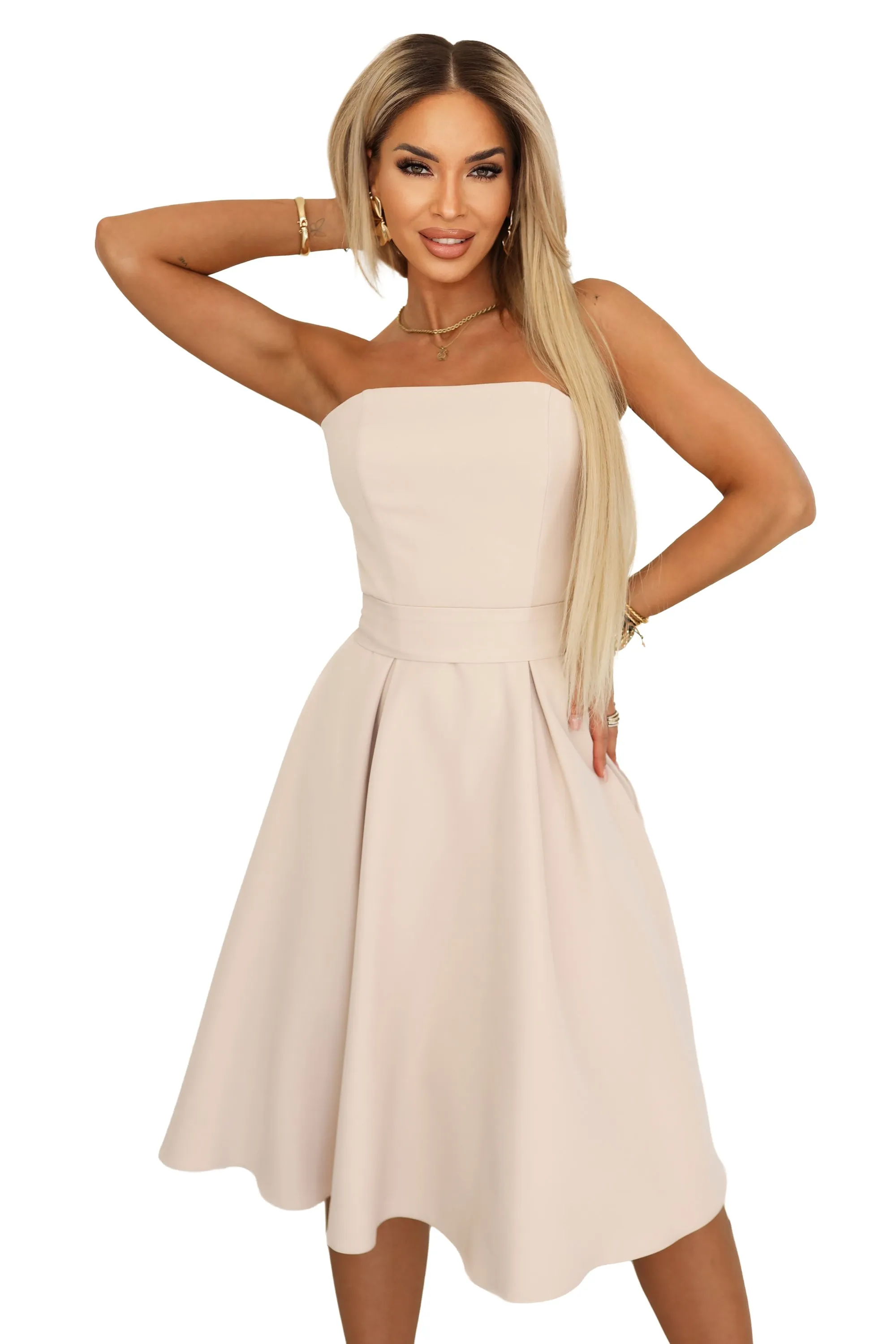 641-4 VIVIENNE Corset Flared Midi Dress with Belt - Light Beige