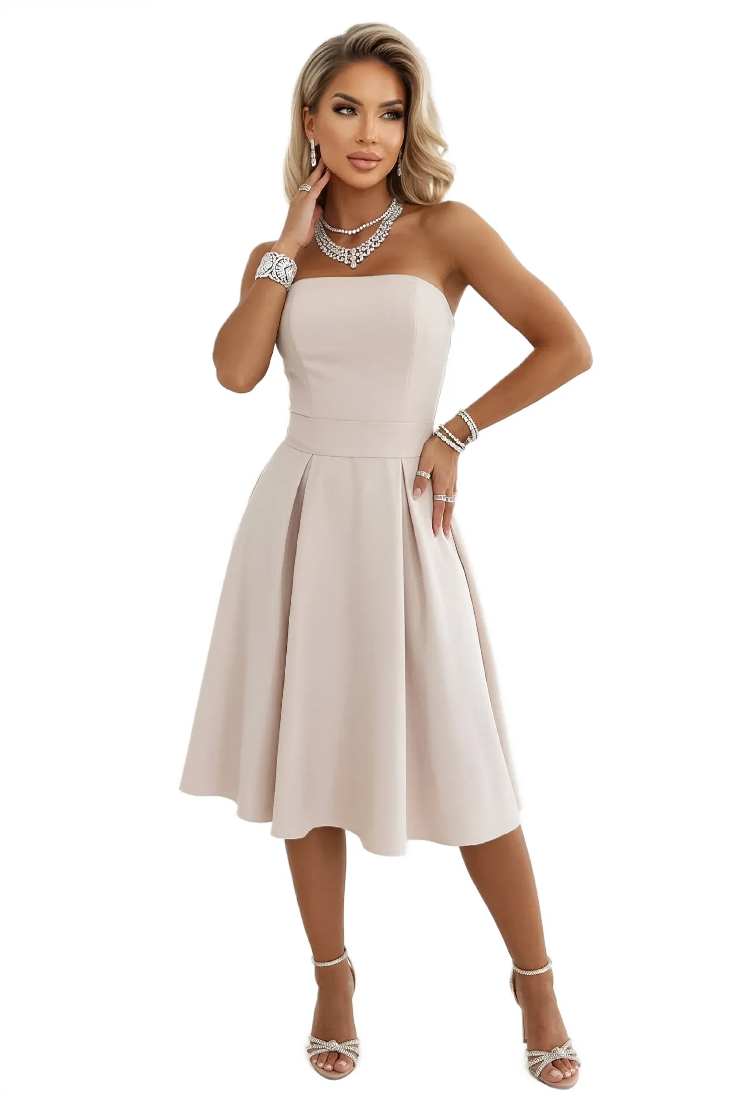 641-4 VIVIENNE Corset Flared Midi Dress with Belt - Light Beige