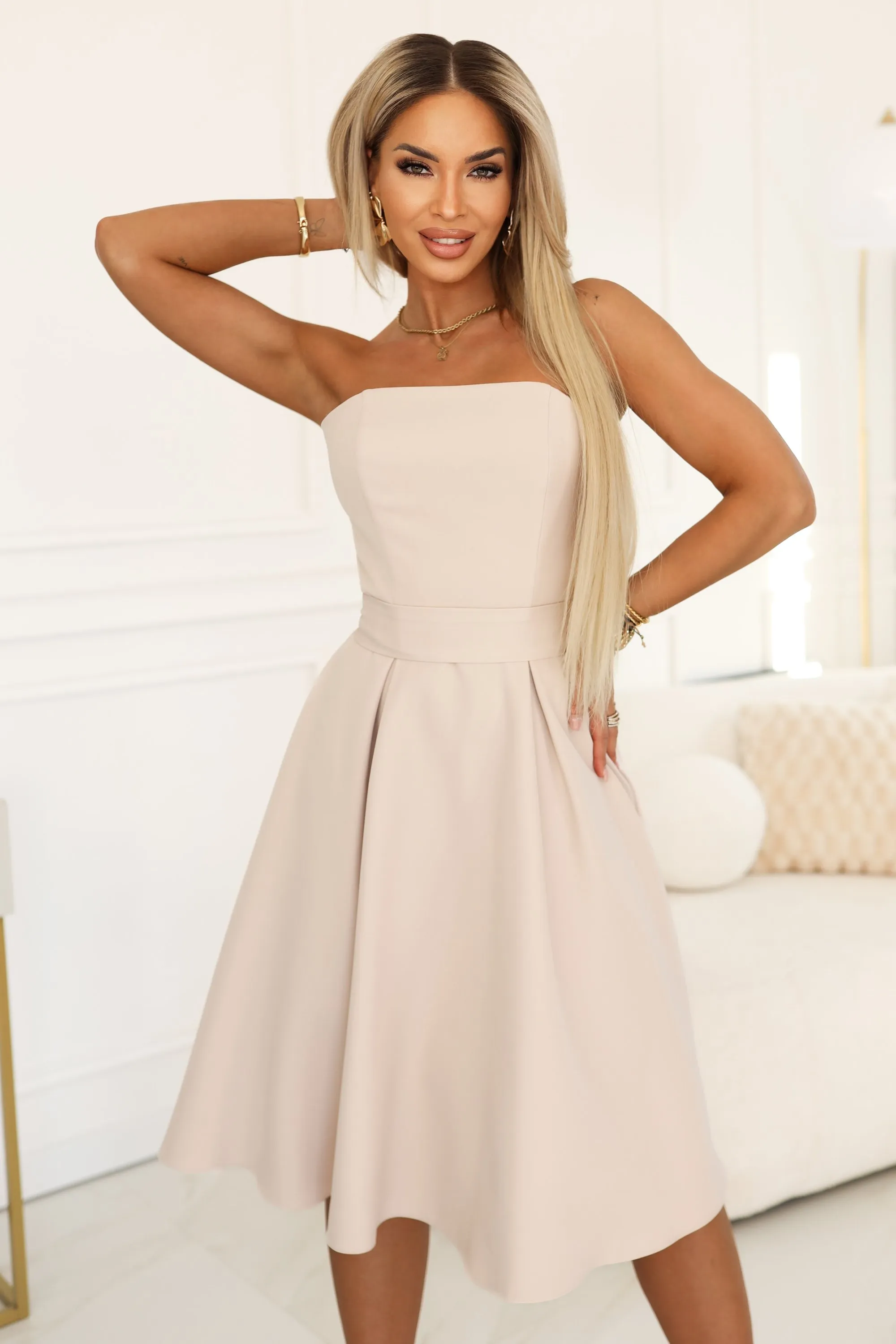 641-4 VIVIENNE Corset Flared Midi Dress with Belt - Light Beige