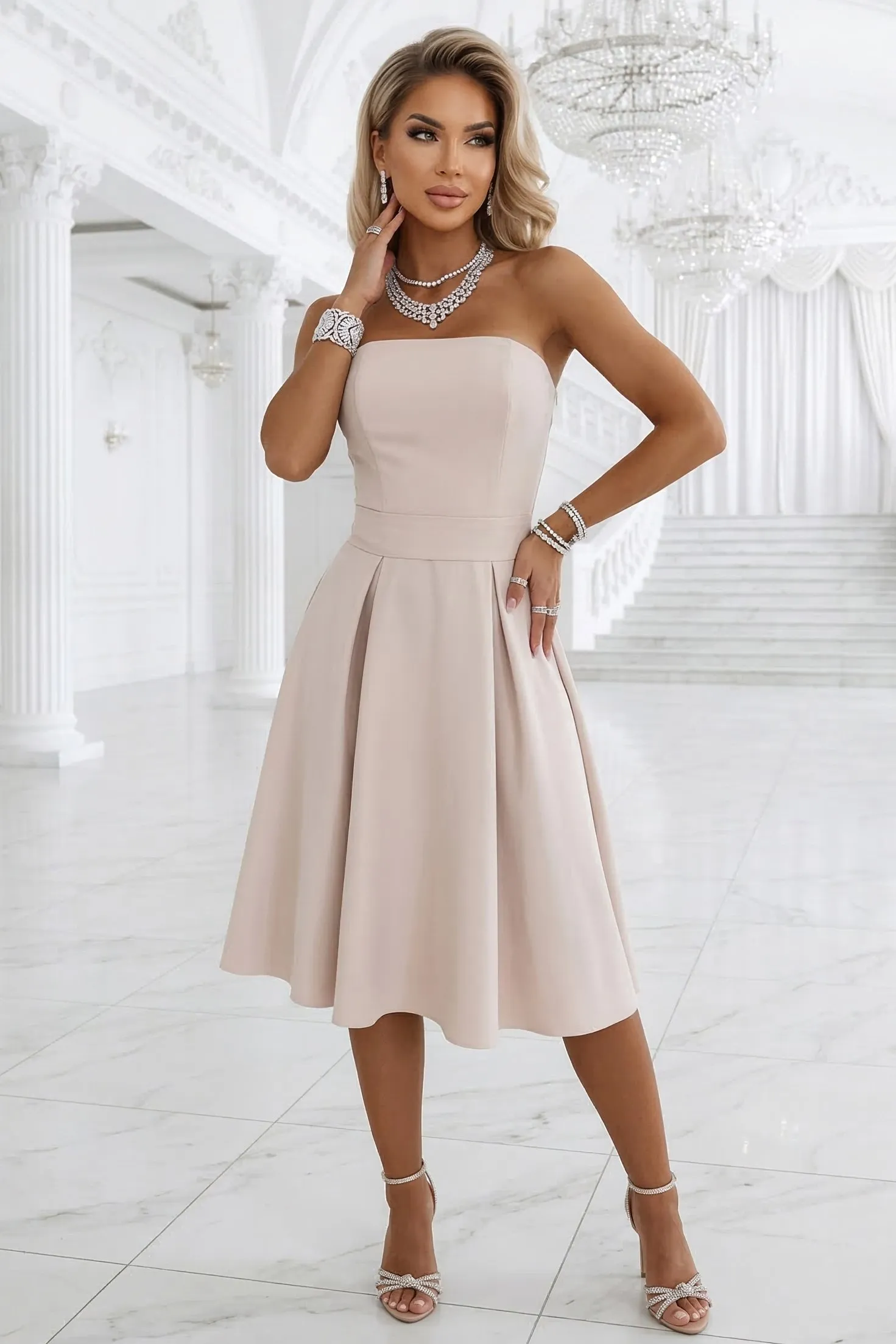 641-4 VIVIENNE Corset Flared Midi Dress with Belt - Light Beige