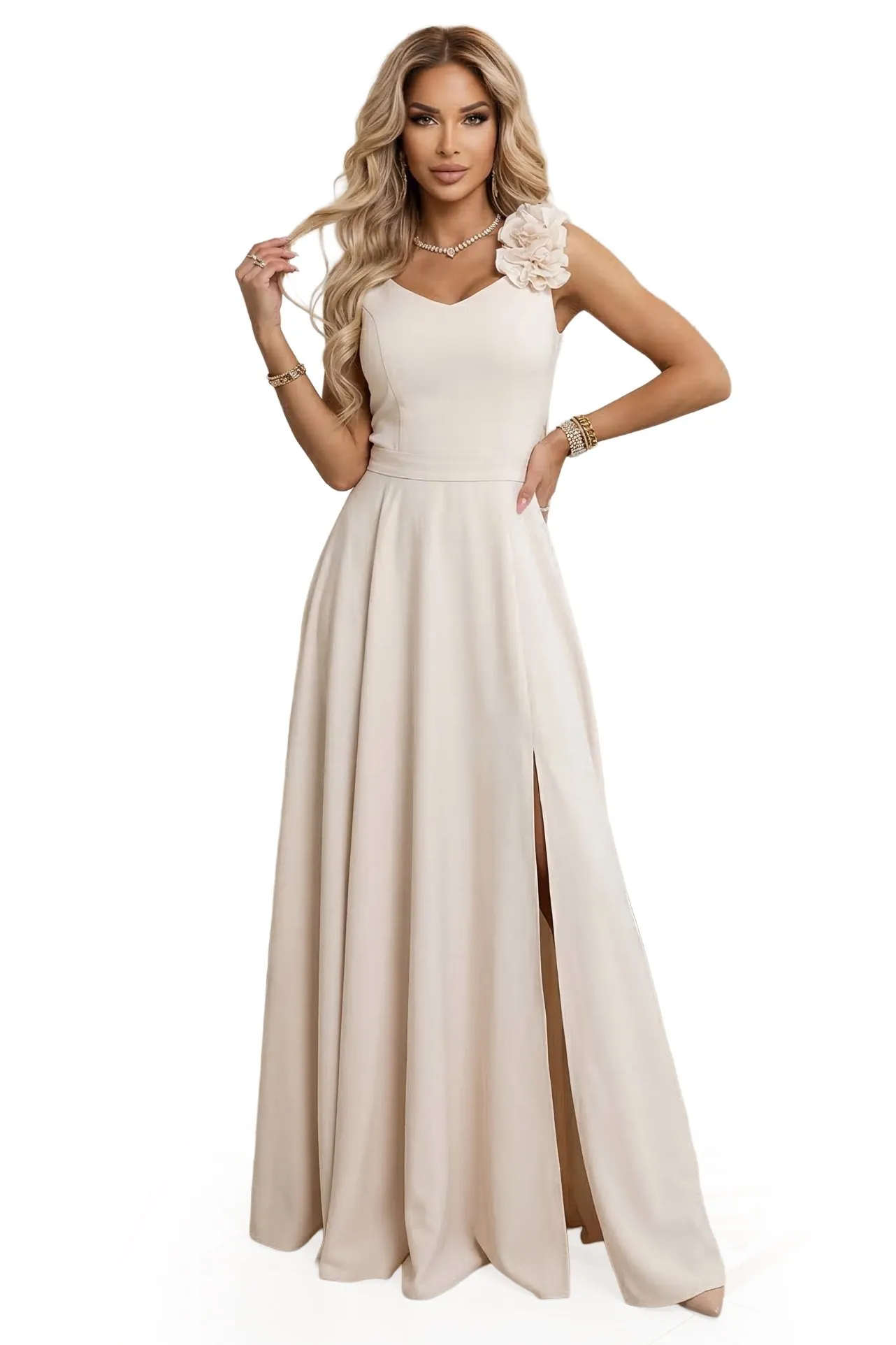 643-3 Elegant Evening Maxi Gown with Slit and Roses - Beige