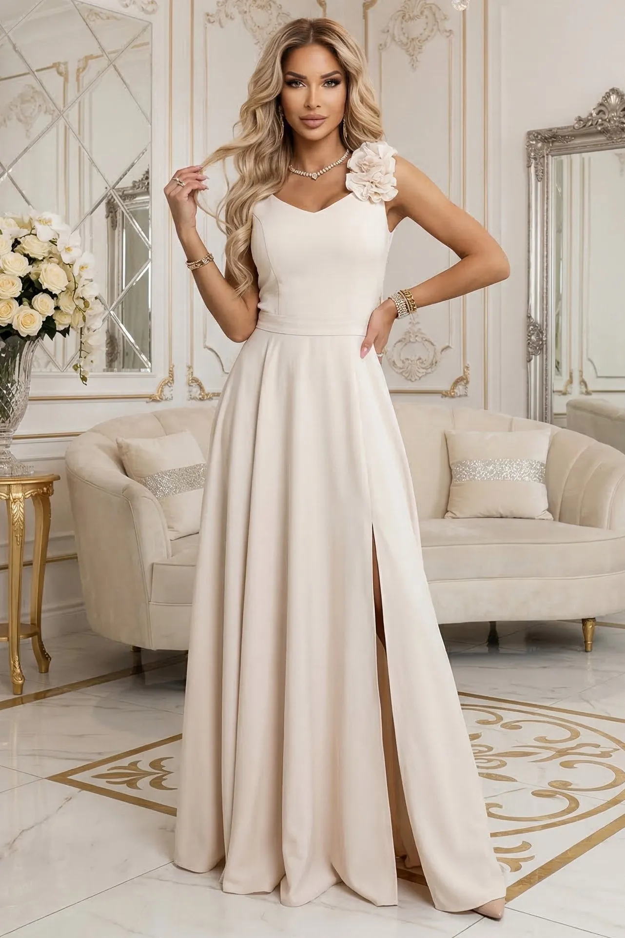 643-3 Elegant Evening Maxi Gown with Slit and Roses - Beige