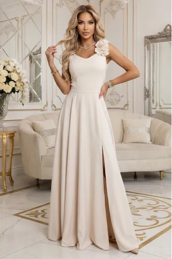  643-3 Elegant Evening Maxi Gown with Slit and Roses - Beige 