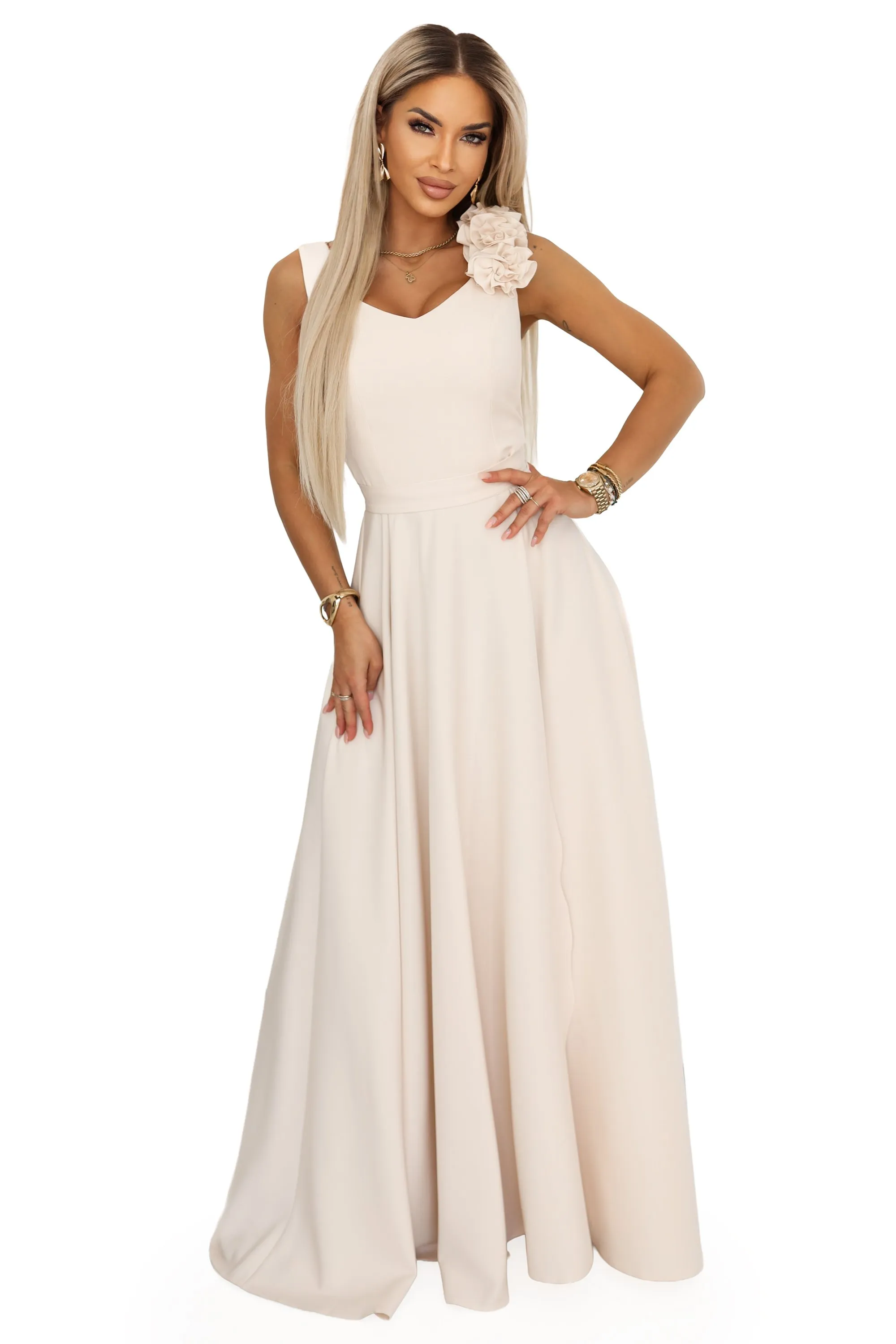 643-3 Elegant Evening Maxi Gown with Slit and Roses - Beige