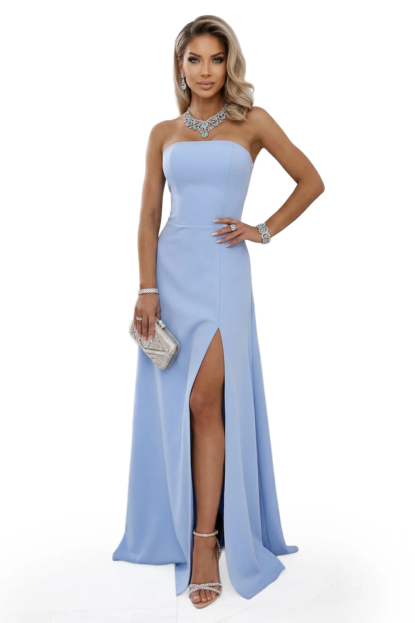 663-2 ELARA Corset Maxi Dress with Slit and Back Tie - Sky Blue