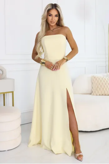  663-3 ELARA Corset Maxi Dress with Slit and Back Tie - Butter Yellow 