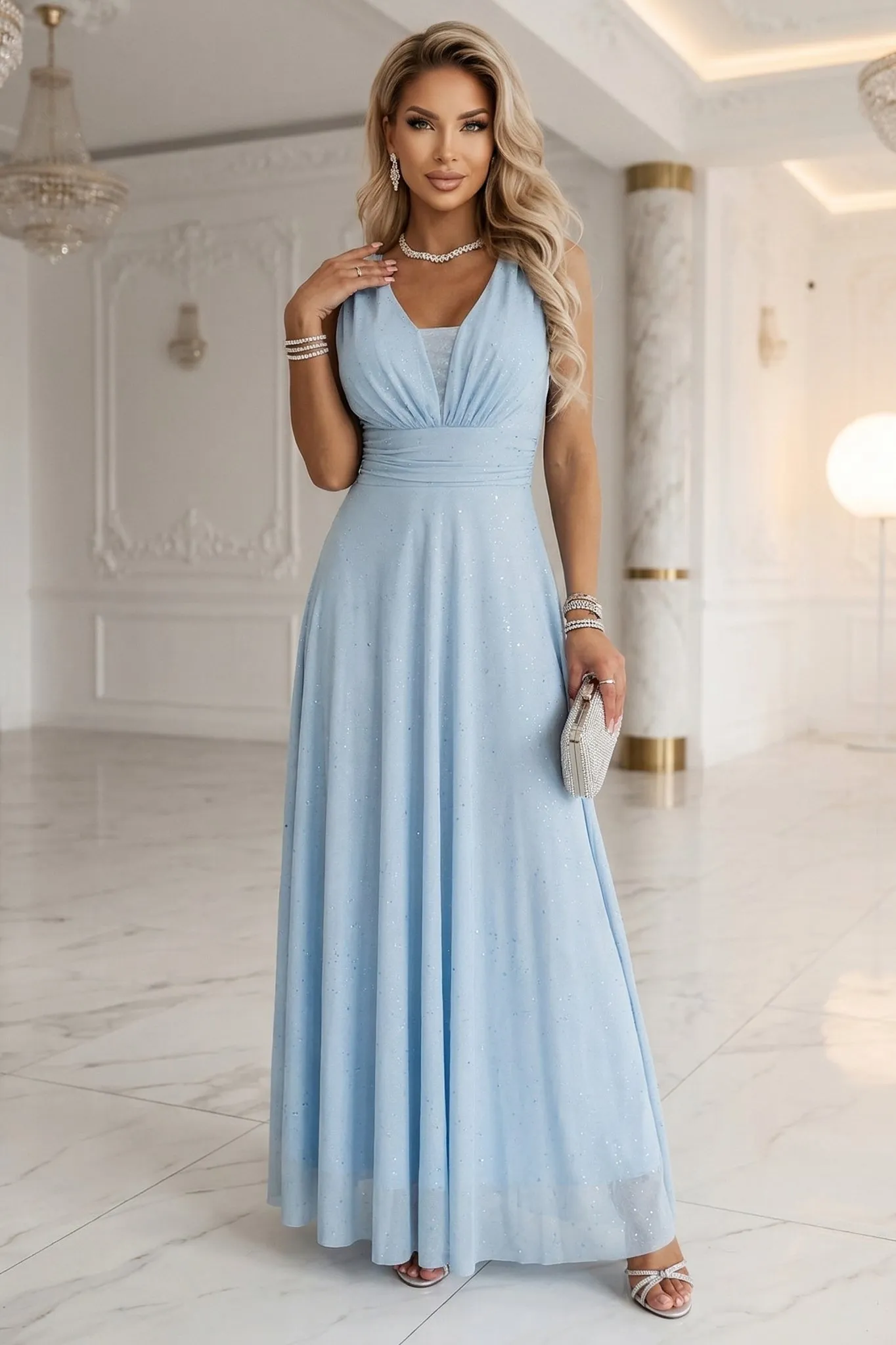 637-6 Long Evening Dress with Glitter Accent and Deep Neckline - Sky Blue