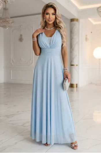  637-6 Long Evening Dress with Glitter Accent and Deep Neckline - Sky Blue 