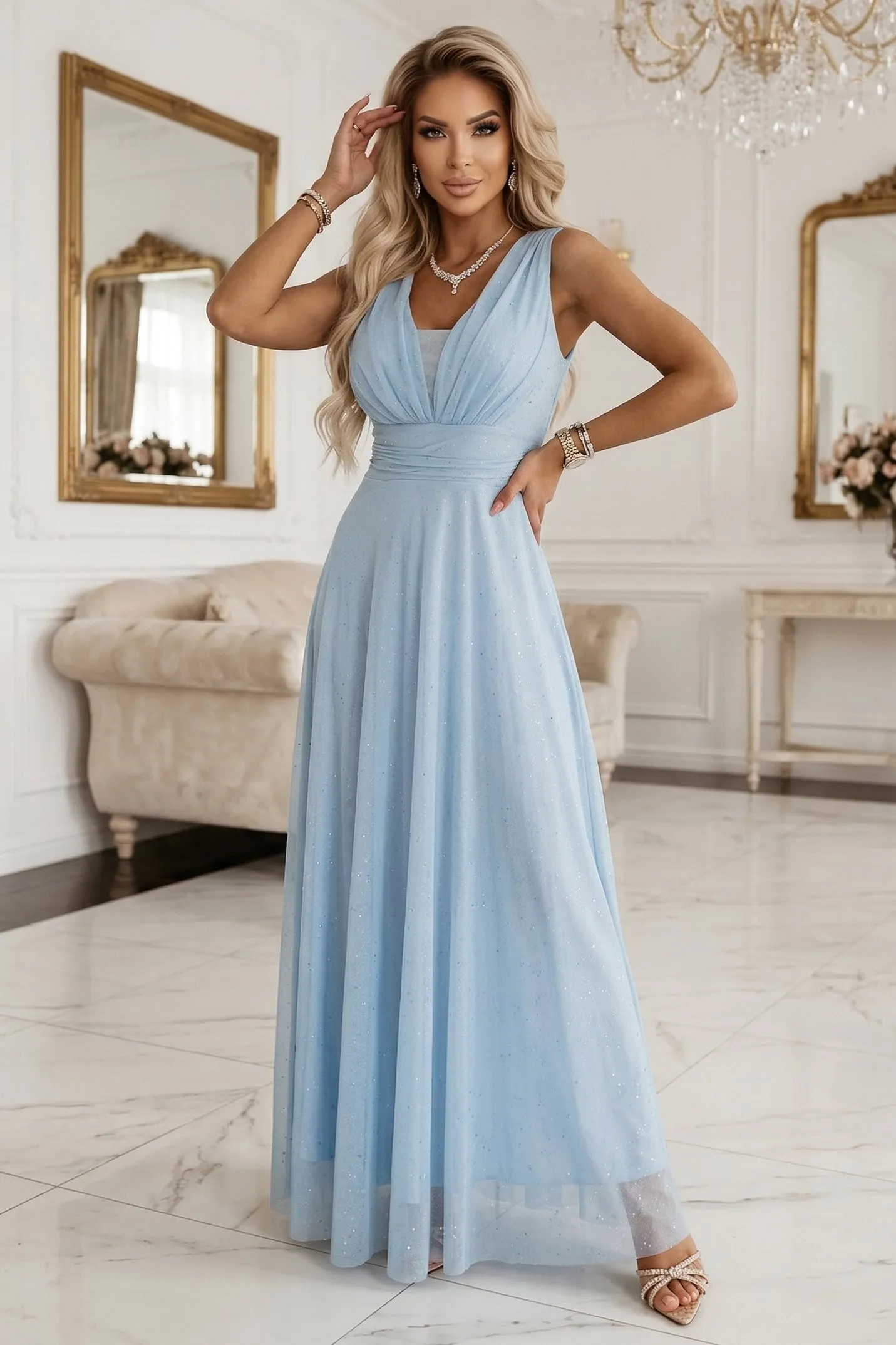 637-6 Long Evening Dress with Glitter Accent and Deep Neckline - Sky Blue