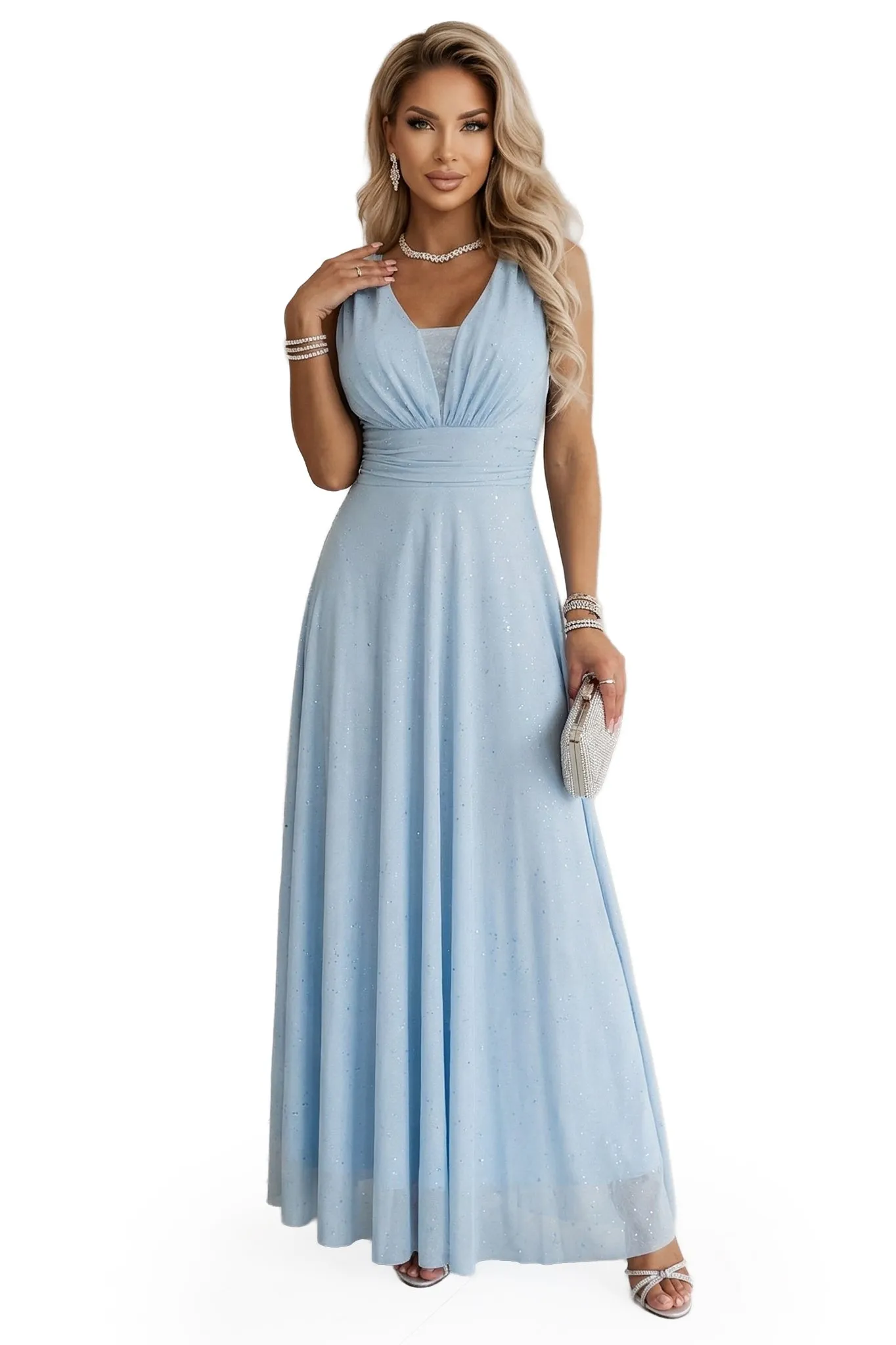 637-6 Long Evening Dress with Glitter Accent and Deep Neckline - Sky Blue