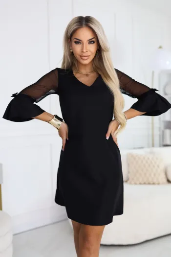  668-1 A-Line Glitter Dress with Tulle Sleeves and V-Neckline - Black 