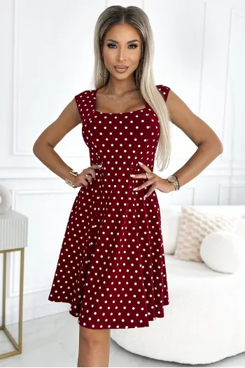  241-3 STELLA cotton dress with a diamond neckline - burgundy with polka dots 