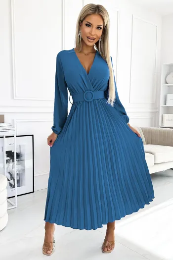  504-5 VIVIANA Pleated midi dress with a neckline, long sleeves and a wide belt - JEANS 