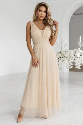 637-4 Long Maxi Dress with Glitter Shimmer and Deep Neckline - Champagne Beige 
