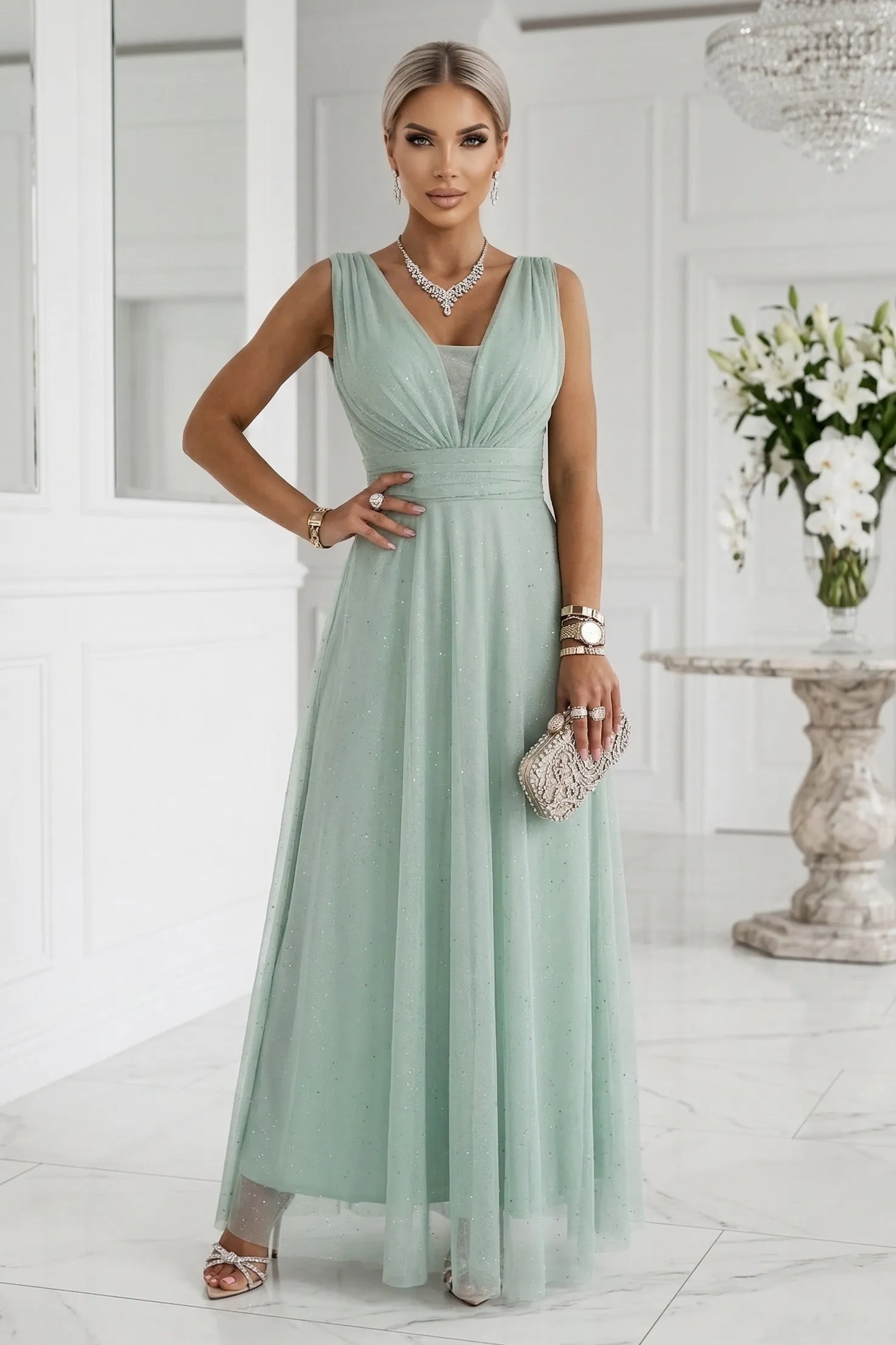 637-5 Long Maxi Dress with Glitter Accent and Deep Neckline - Pistachio