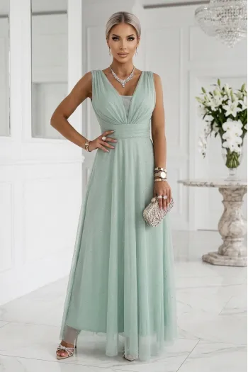  637-5 Long Maxi Dress with Glitter Accent and Deep Neckline - Pistachio 