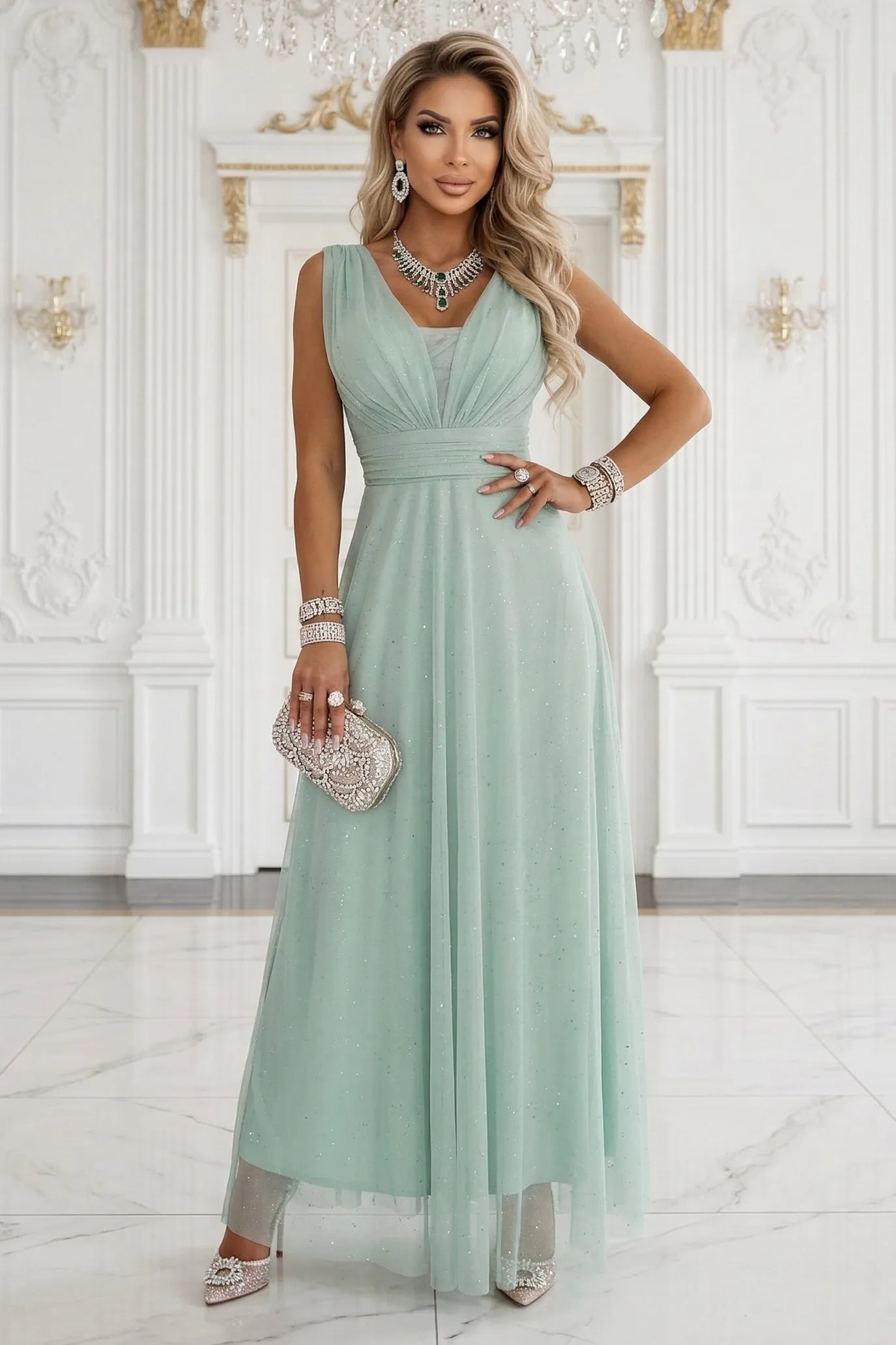 637-5 Long Maxi Dress with Glitter Accent and Deep Neckline - Pistachio