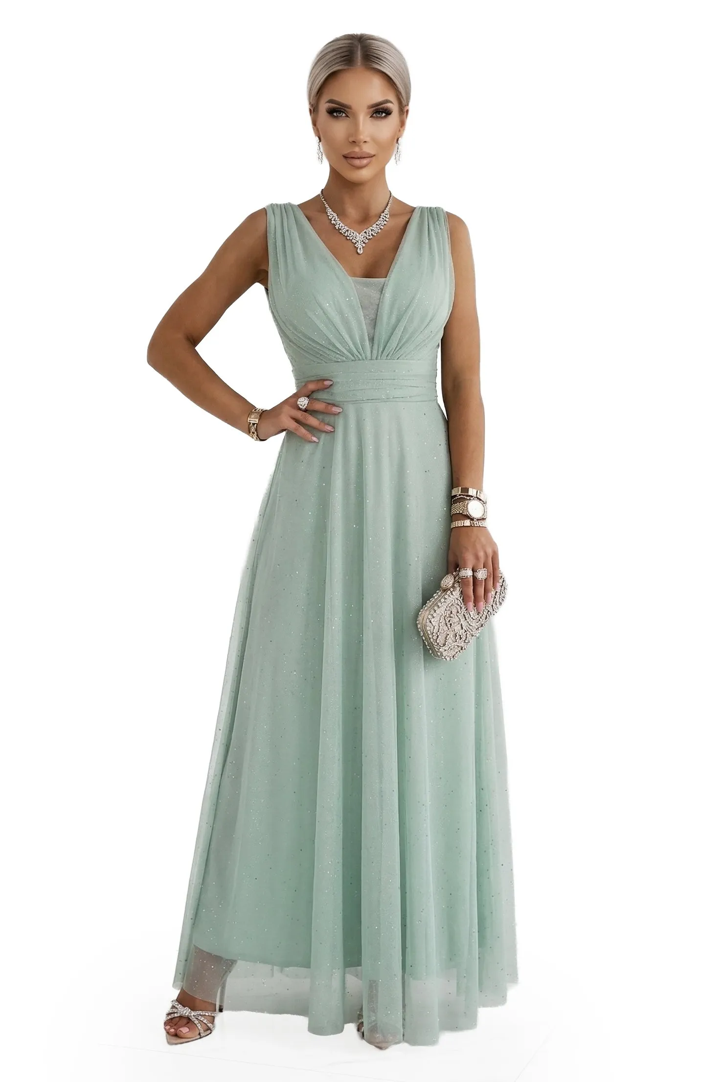 637-5 Long Maxi Dress with Glitter Accent and Deep Neckline - Pistachio